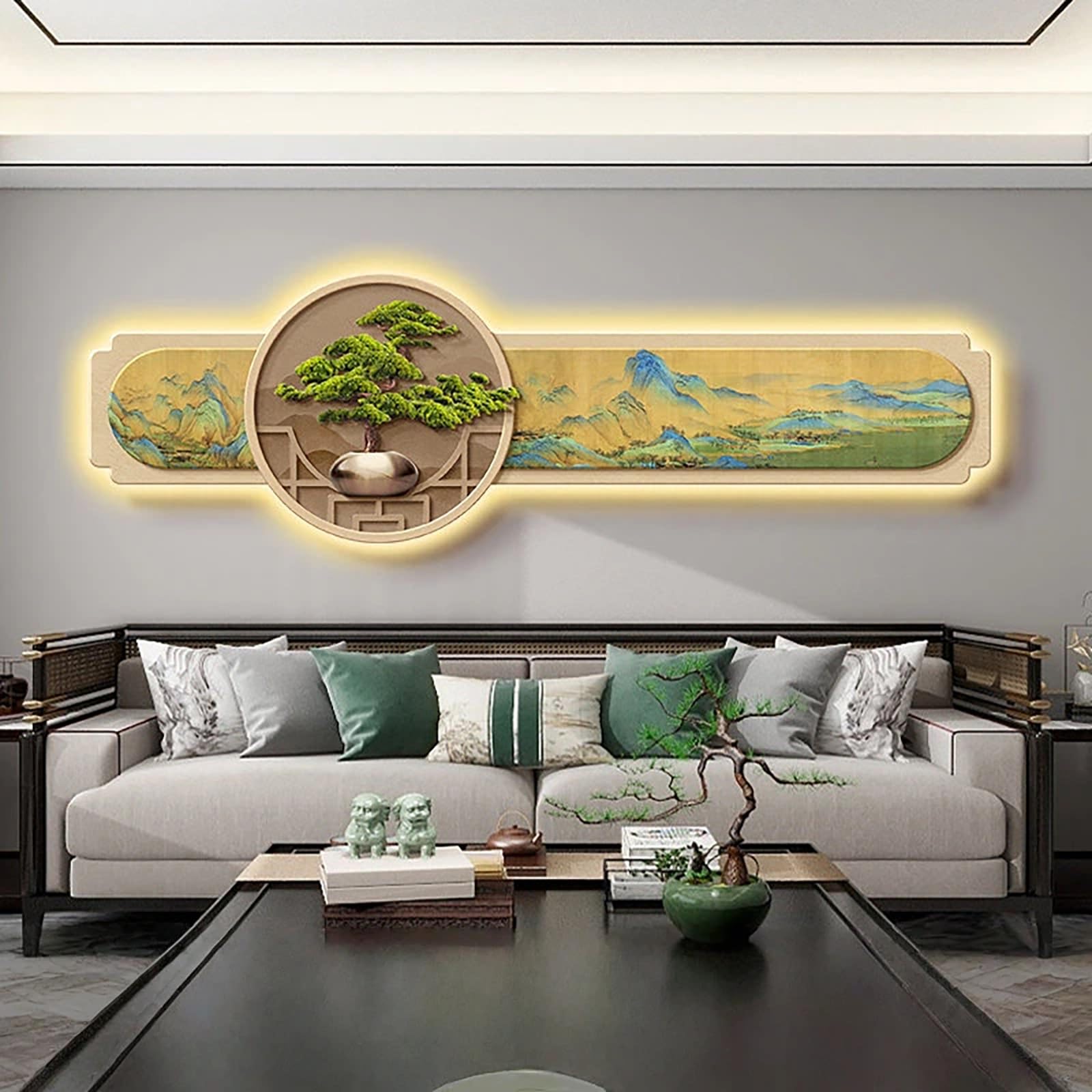 Sztuka ścienna LED 3D, duży wiszący mural, nowoczesna oświetlona rzeźba ścienna, podwójny tryb ściemniania, podświetlany obraz, do salonu, sypialni, przedpokoju, zielona, 180 x 54 cm