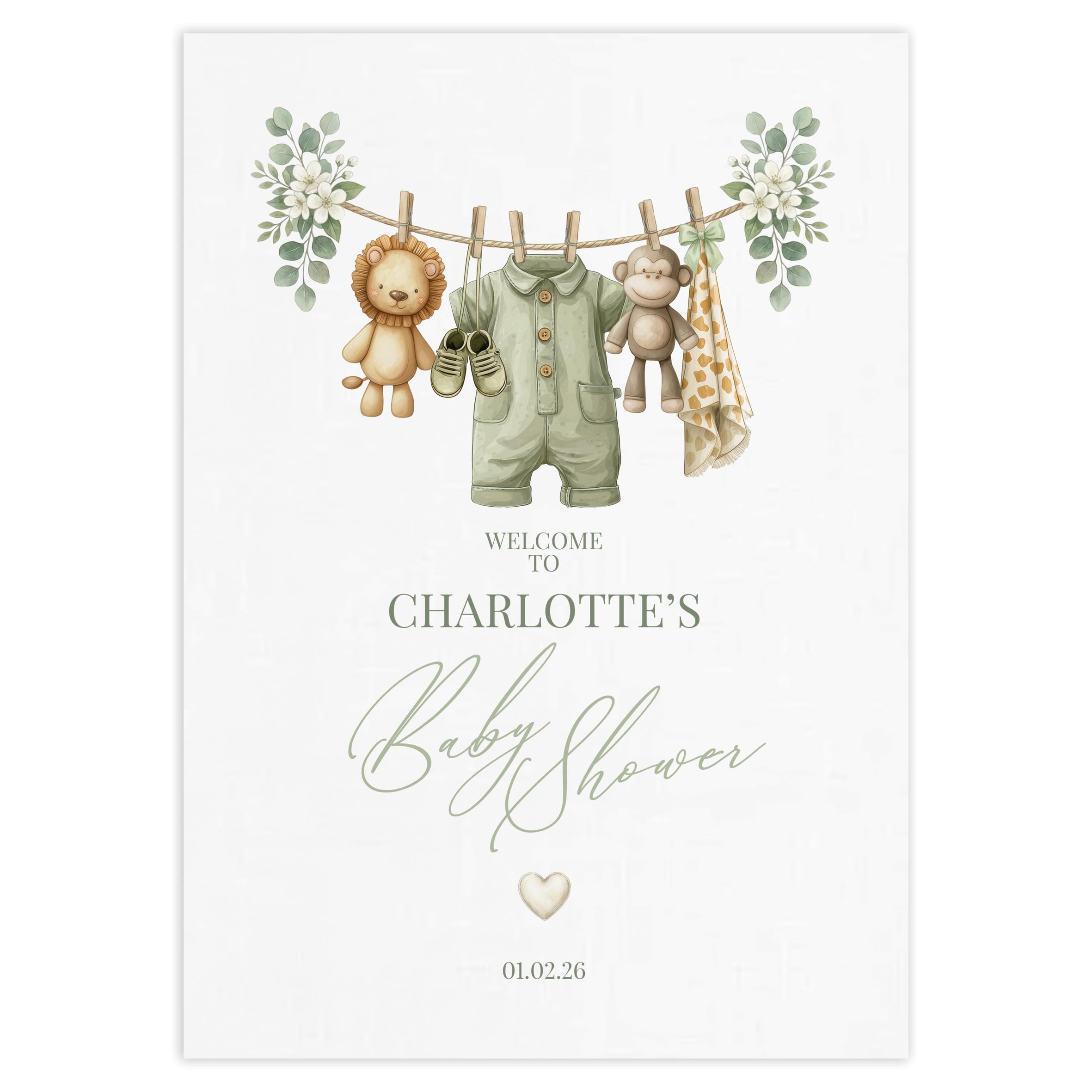 Personalised Baby Shower Welcome Sign/Poster - Boho Nursery Theme - (Green Safari, A2 Poster)