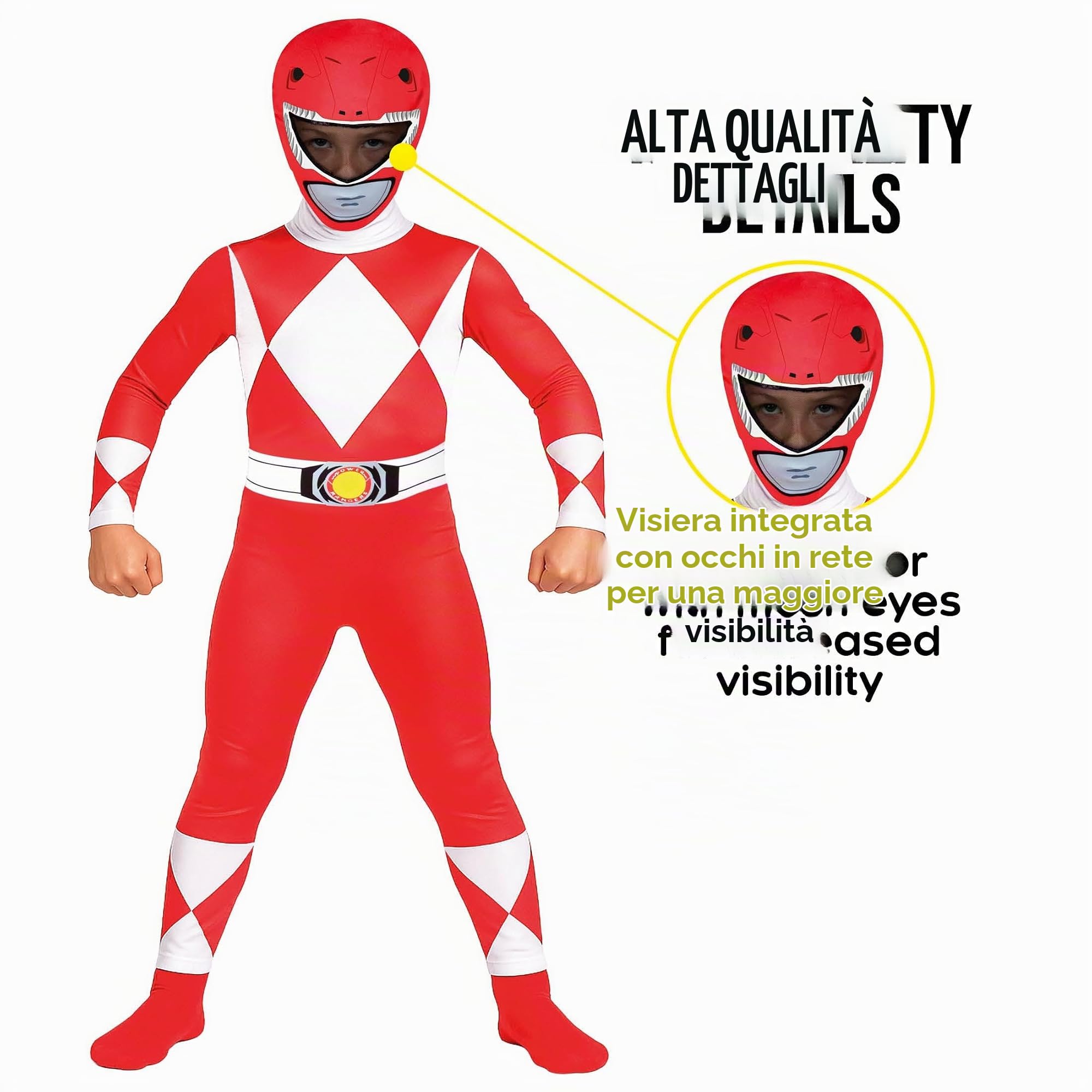 Morphsuits Costume Power Rangers Rosso Bambini, Costume Halloween | Tuta Integrale con Cappuccio, Design Ranger Rosso, Chiusura con Zip, Perfetto per Halloween, Ideale per il Cosplay