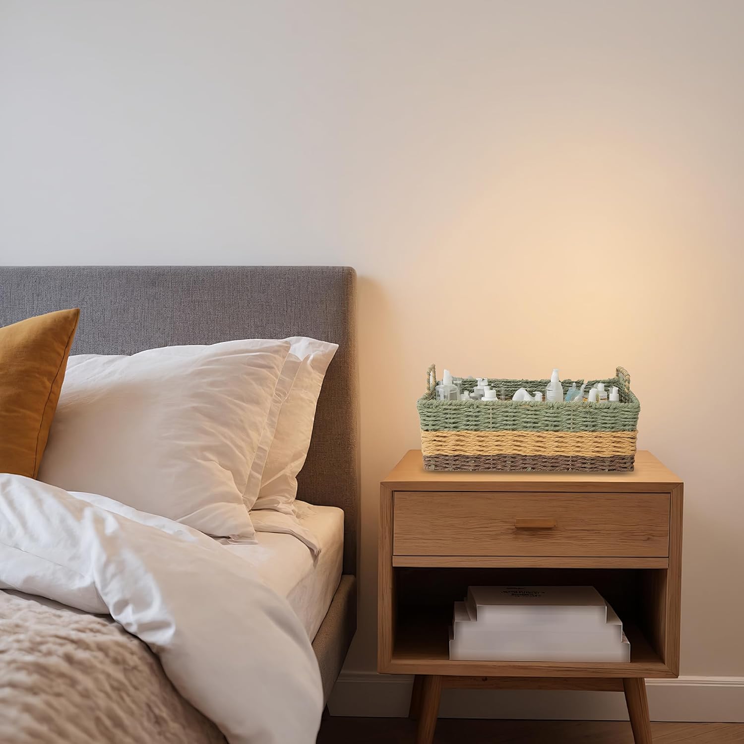 Handmade Rectangle Woven Paper Rope Storage Basket with Iron Frame,Basket with handles for Home Decor, Shelf & Desktop Organizing (Mix green yellow brown)