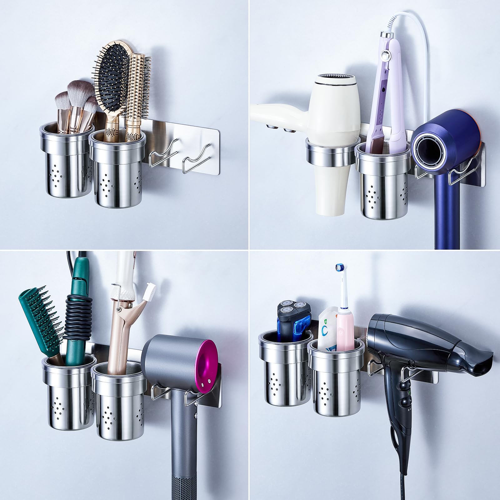 Organizer per strumenti per capelli, supporto da parete, supporto per ferro arricciacapelli, asciugacapelli e piastra (argento)