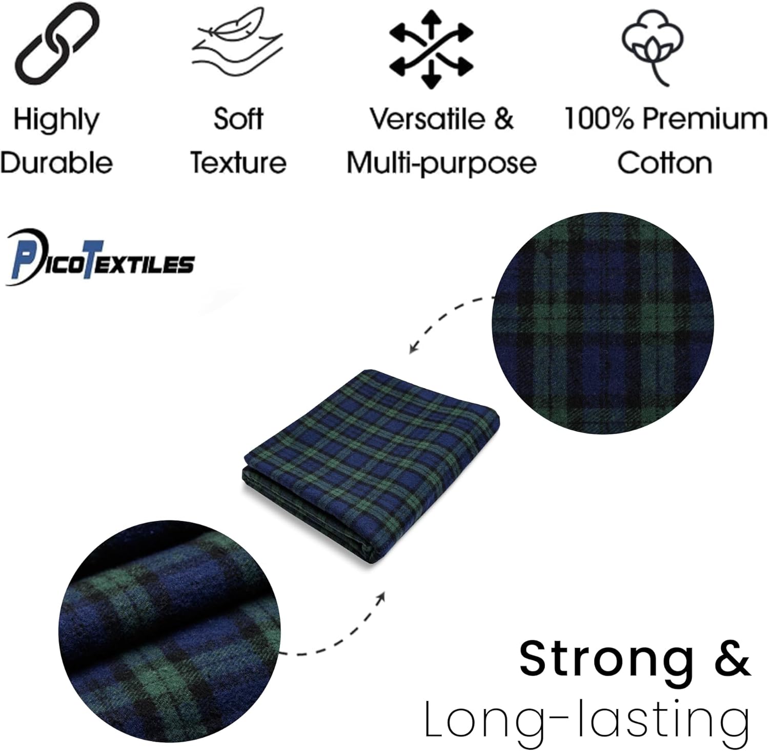 Pico Textiles 2 Yards Bolt Blue and Green Blackwatch Tartan Plaid Flannel Fabric - 60" Wide - 100% Cotton - Sold by The Yard - for Shirts, Scarves, Pajamas & Receiving Blankets