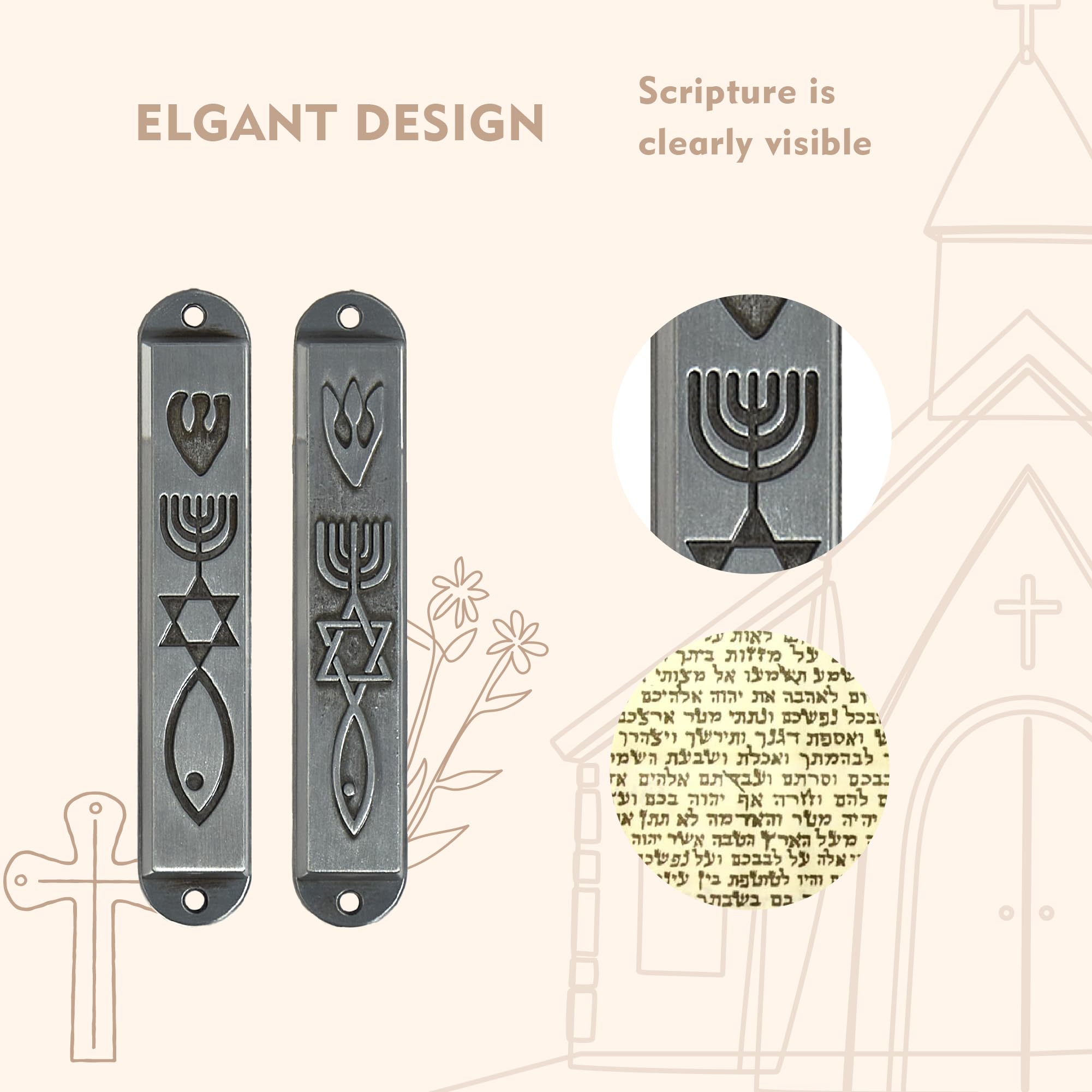 CAMATET Messianic Mezuzah with Scroll for Door, Set of 2 Metal Mezuzah Cases for Jewish House Warming Gift, Hannukah Decor (Retro Silver, 8 cm / 3.1 Inch)