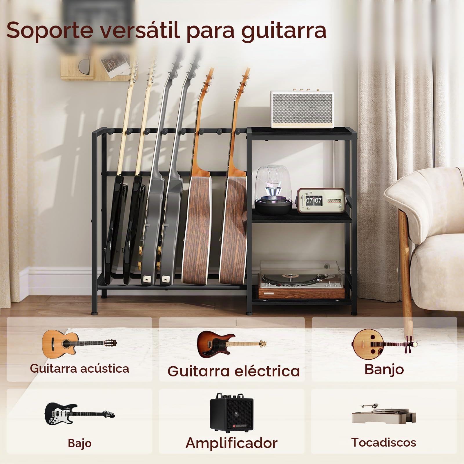 MAHANCRIS AGSBK9701 - Soporte de guitarra para instrumentos de 5 a 6 cuerdas, apto para guitarra acústica, bajo, soporte para guitarra con estantes para tocadiscos, con almohadillas de goma