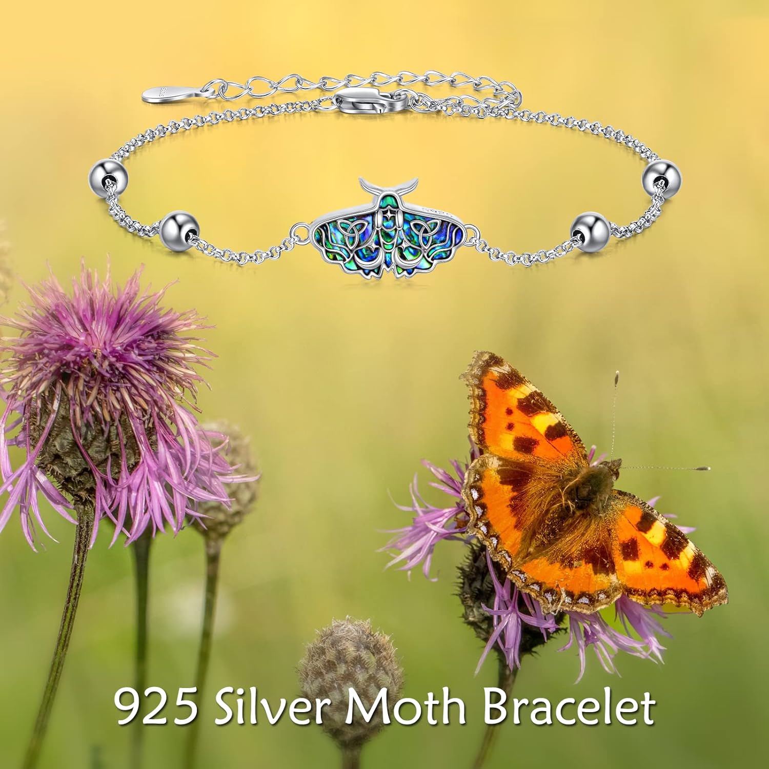 TIGER RIDER Anklet/Bracelet S925 Sterling Silver Beaded Anklet Beach Jewelry for Women Mother Sister Grandma (moth, 17.5, Centimeters)