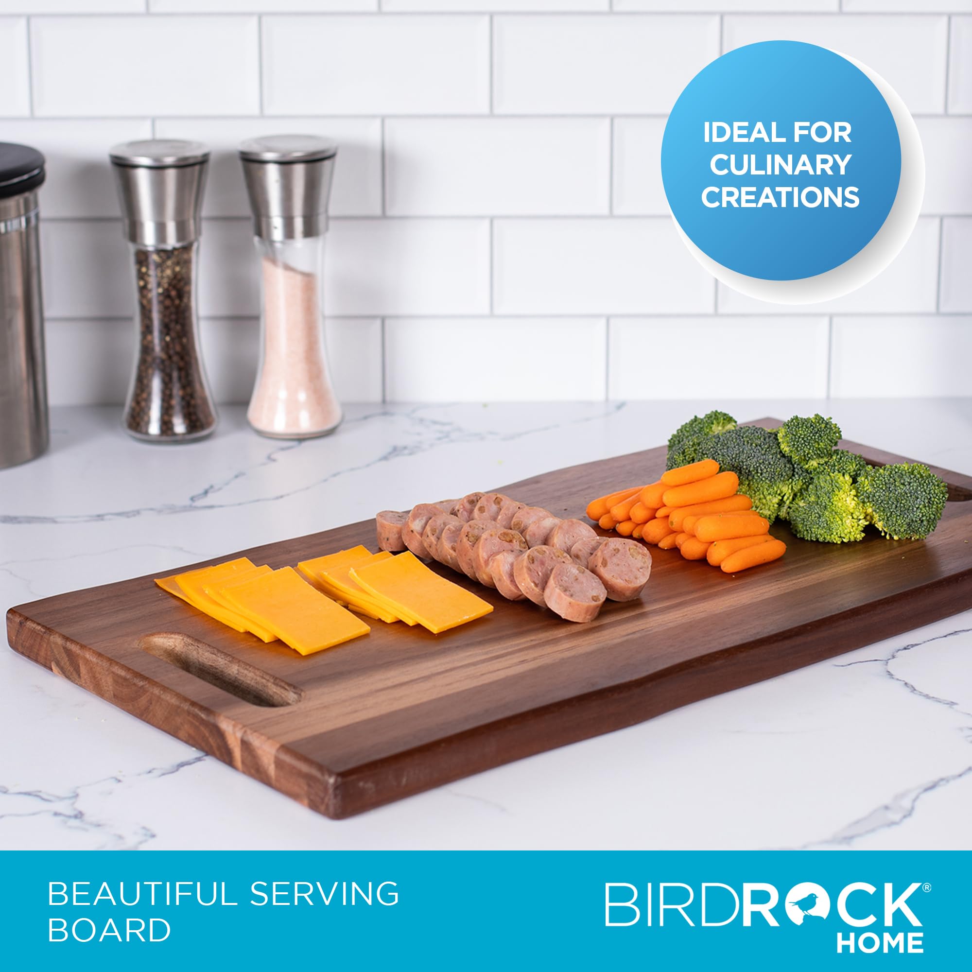 BIRDROCK HOME Planche à Fromage Et Charcuterie En Bois D'acacia Avec Poignées De 55,9 Cm | Plateau Alimentaire Rectangulaire Pour Pain, Viande Ou