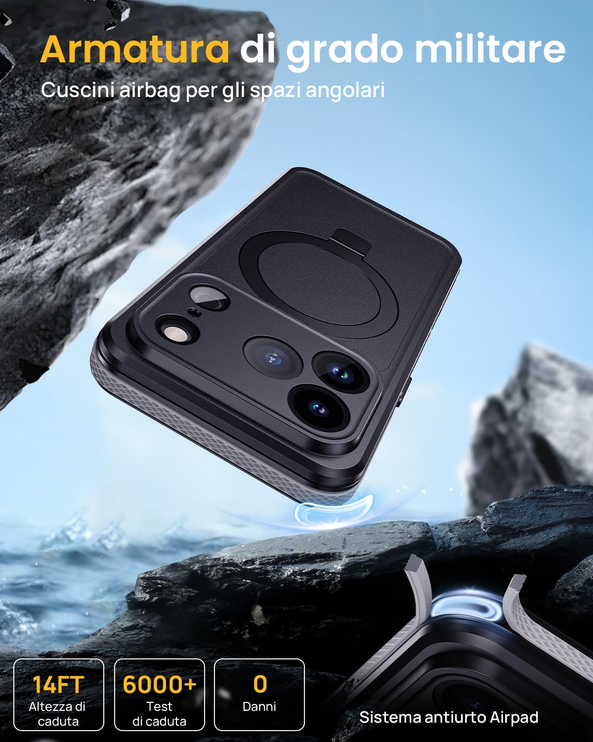 Lanhiem Cover Per iPhone 17 Pro Impermeabile con Cavalletto[IP68 Waterproof] Resistente Alle Cadute e ai Graffi Custodia Antipolvere Subacquea,per iPhone 17 Pro Protezione Militare a 360 Gradi,Nero