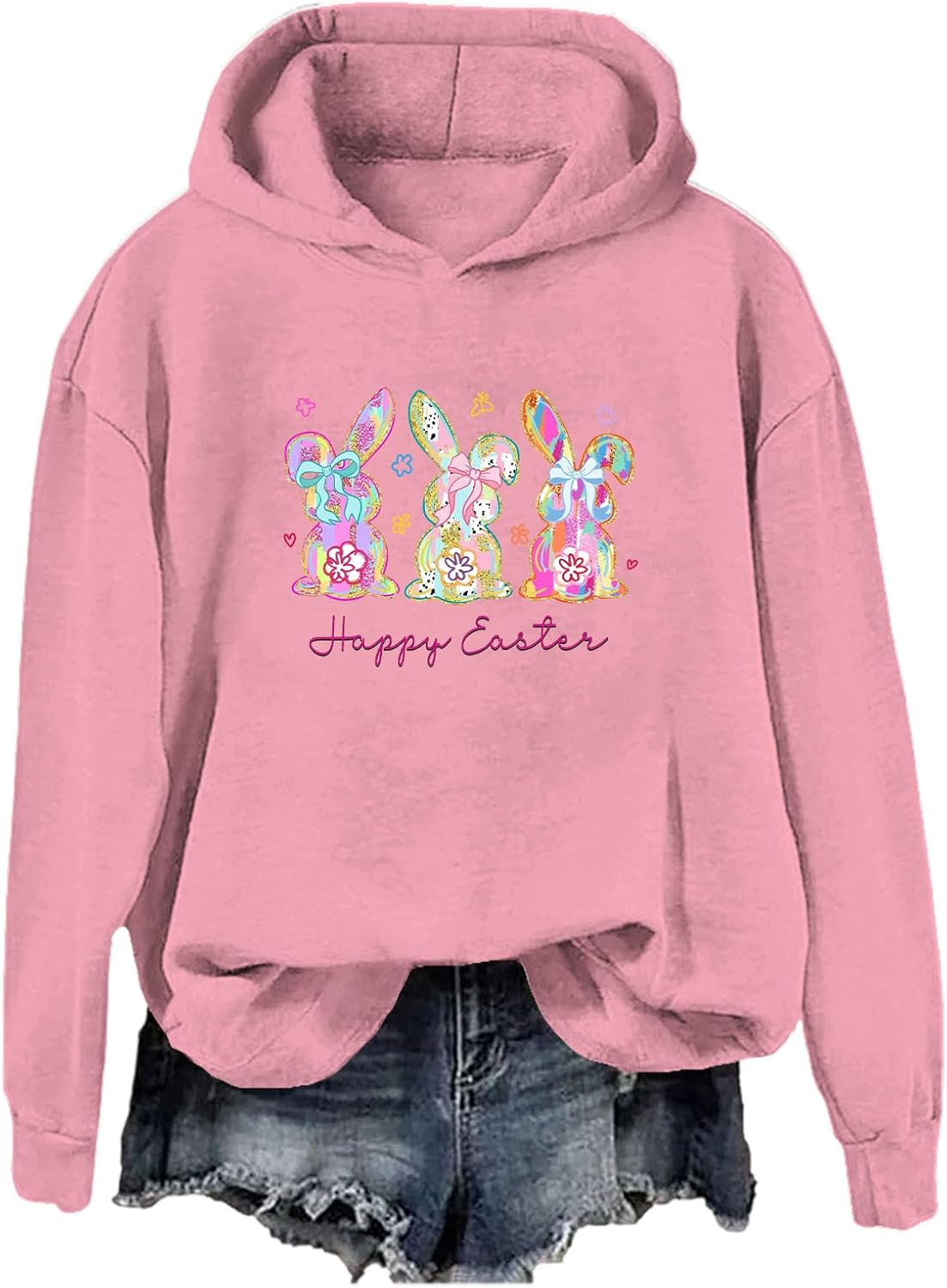 Happy Easter Bunny Sweatshirt, Cute Bow Pastel Easter Bunny Graphic Hoodie Easter Shirts for Women