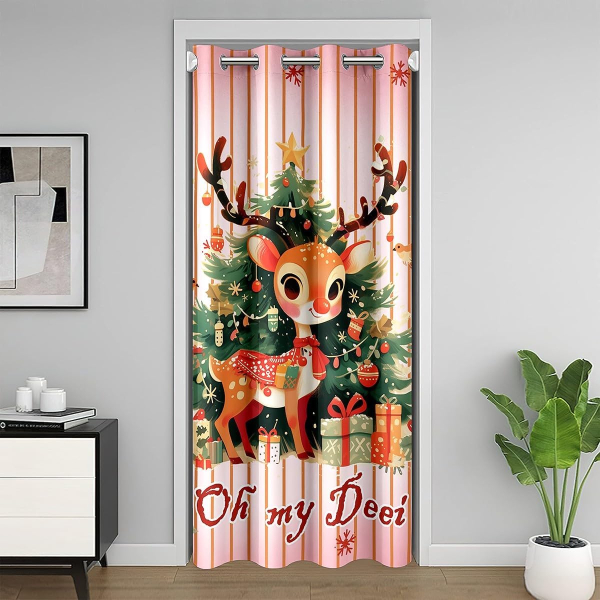Santa Claus Door Curtain Cartoon Stars Snowflake Winter Doorway Curtain Privacy for Kids Girls Teens Women Pink Christmas Rustic Style Curtain Drape for Bedroom Door Window 60" W X 80" L