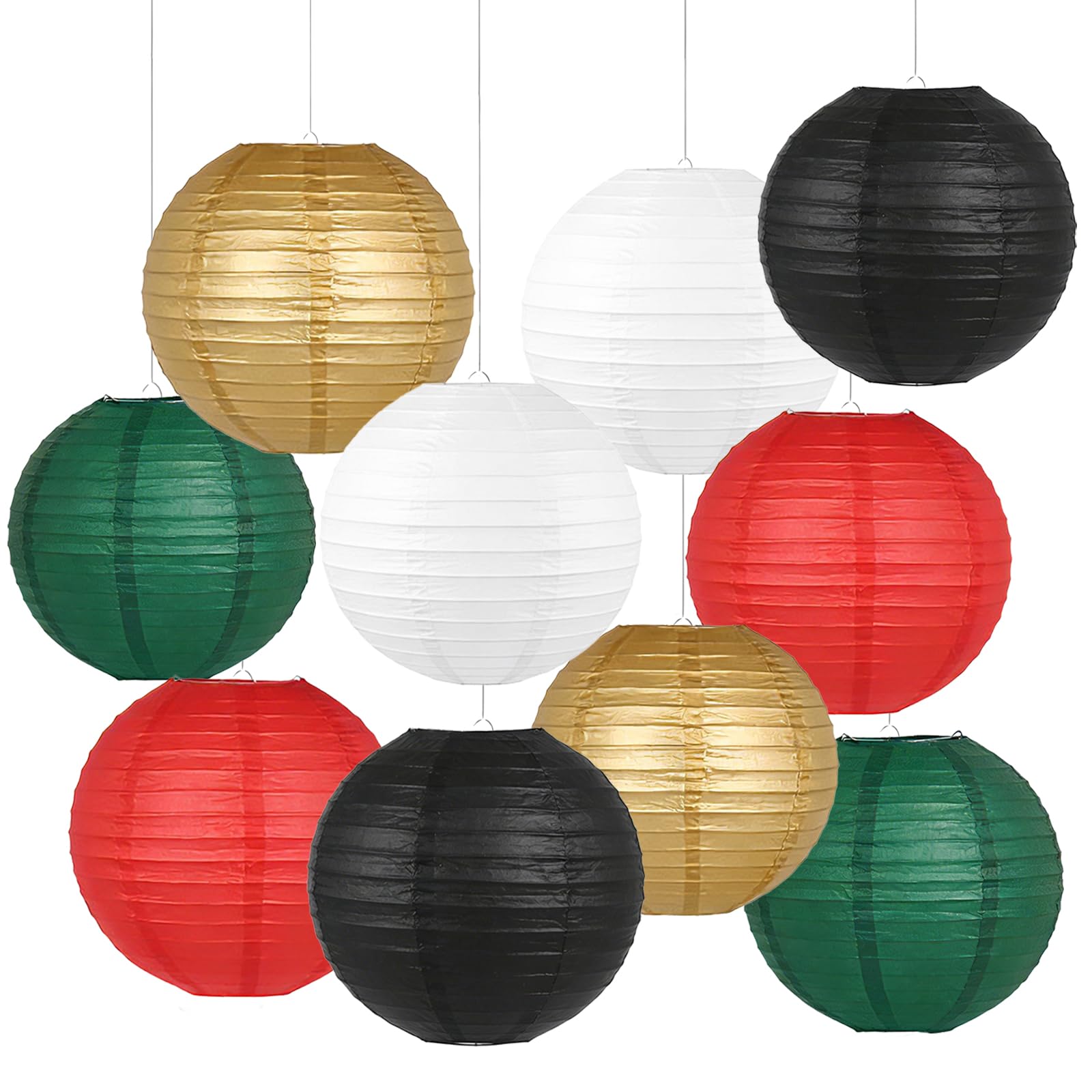 Vsosfiza Paper Lanterns, 10Pcs Hanging Lantern Decorations, Red Black White Green & Gold Round Paper Lanterns for Christmas, Movie Night, Casino, Classroom & Birthday Party Decor