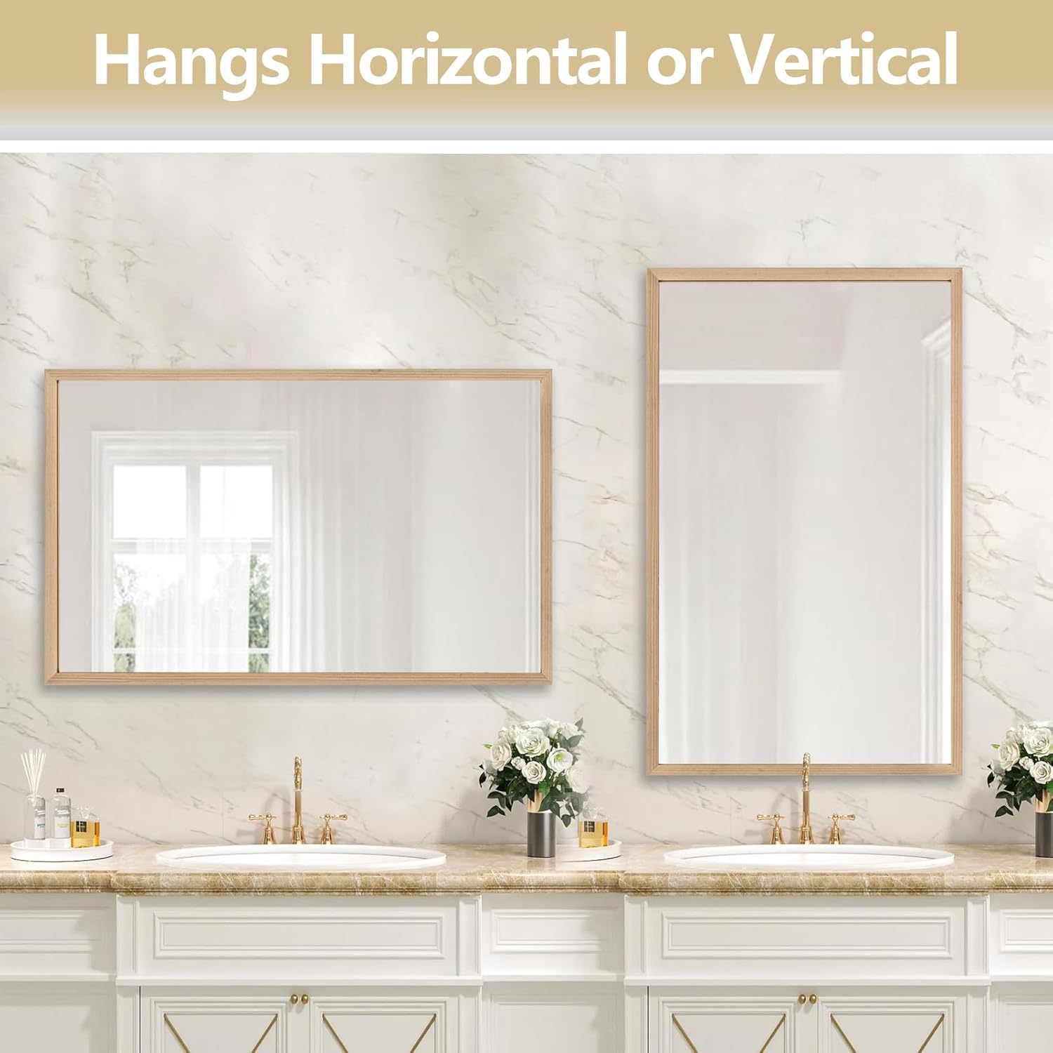 32"x20" Solid Wood Bathroom Mirror, Rustic Wood Frame Wall Mirror for House Decor, Rectangle Farmhouse Bathroom Vanity Mirror Bedroom Living Room Entryway, Explosion-Proof Horizontal/Vertical