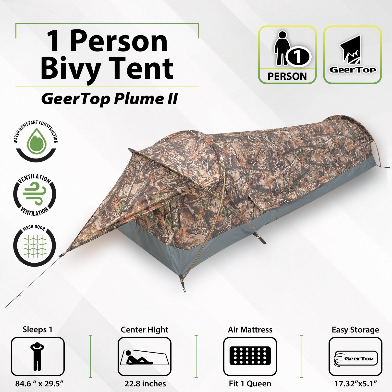 GEERTOP Ultraleichtes Kompakt-Biwaksack für 1 Person, wasserdichtes und kleines Bivy Zelt, schnell aufgebautes Trekkingzelt, geeignet für Wandern, Rucksackreisen, Camping, Bergsteigen, Partys