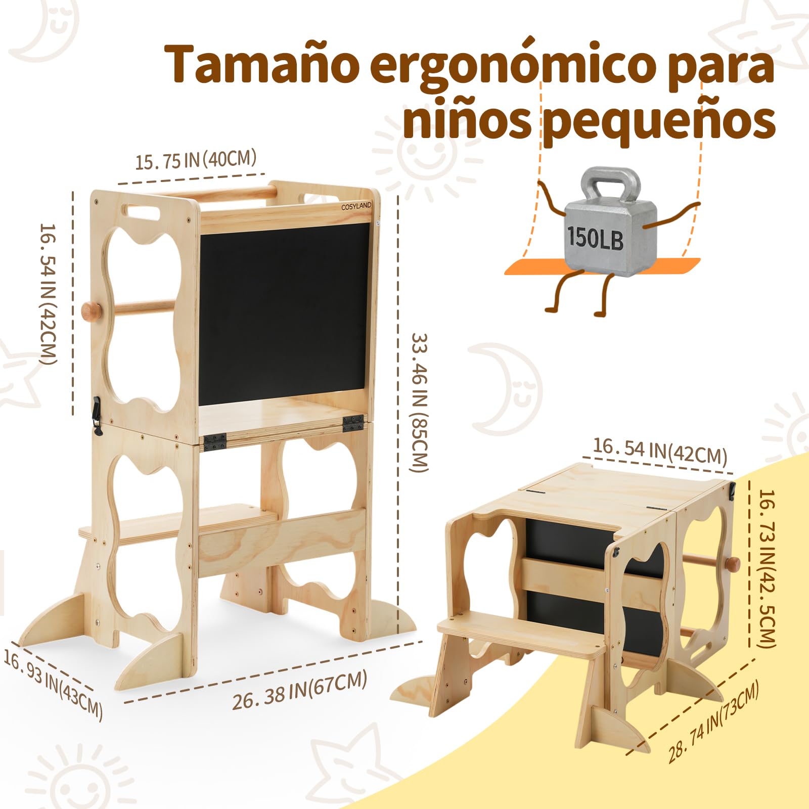 COSYLAND Torre de Aprendizaje Montessori 3 en 1 Convertible con Pizarra | Madera maciza, estructura en A con soportes de esquina; mesa con silla y pizarra para cocina, lavabo y dibujo