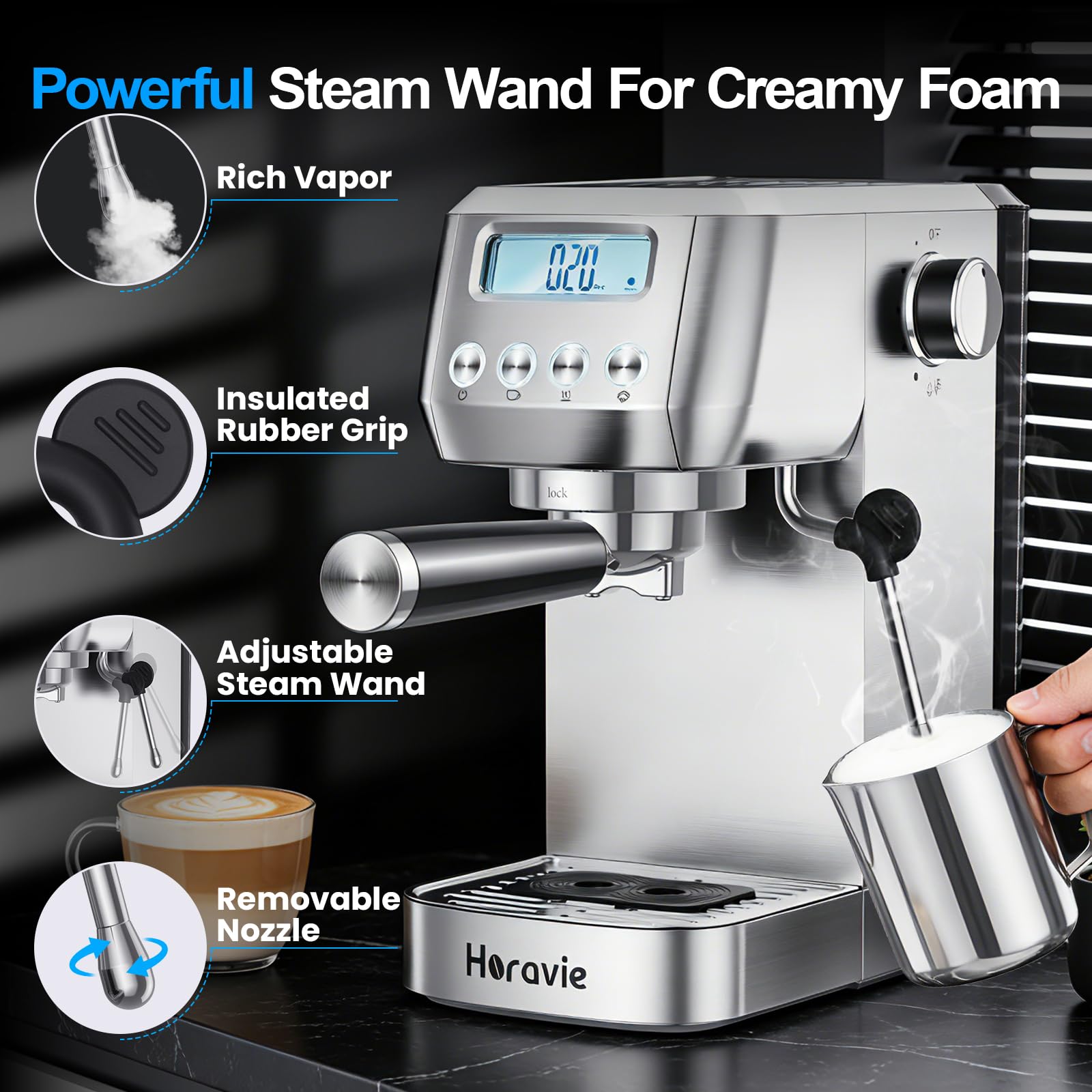 Horavie Espresso Machine 20 Bar, Compact Espresso Maker with Milk Frother, Stainless Steel Cappuccino & Latte Machine with LCD Screen, Adjustable Temperature, 44oz Water Tank for Home, Office — view 5