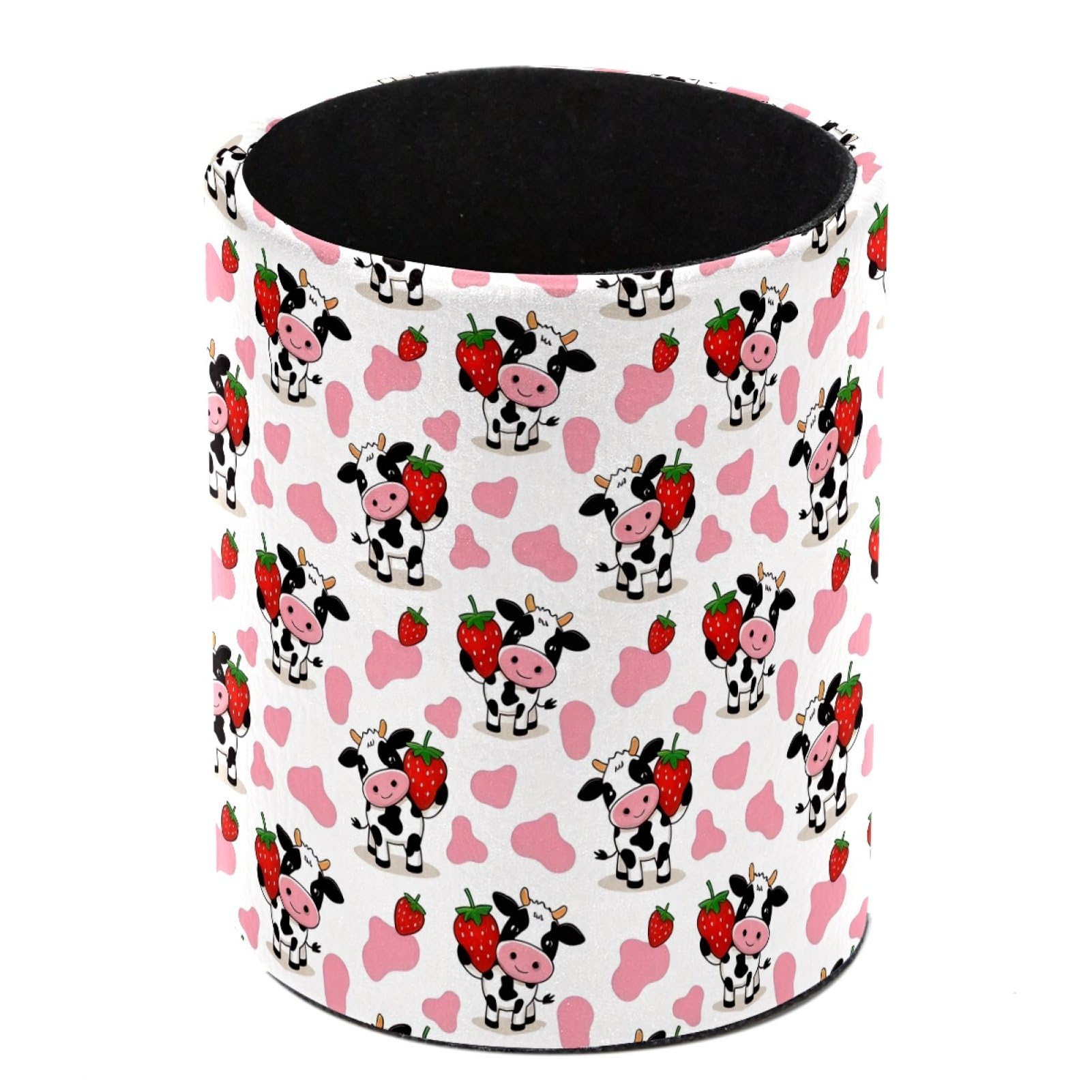 HEOEH Cow Strawberry Pen Holder for Desk, PU Leather Pencil Holder Pen Cup Marker Holder Makeup Brush Holders, Desk Accessories & Workspace Organizers for Home, Office