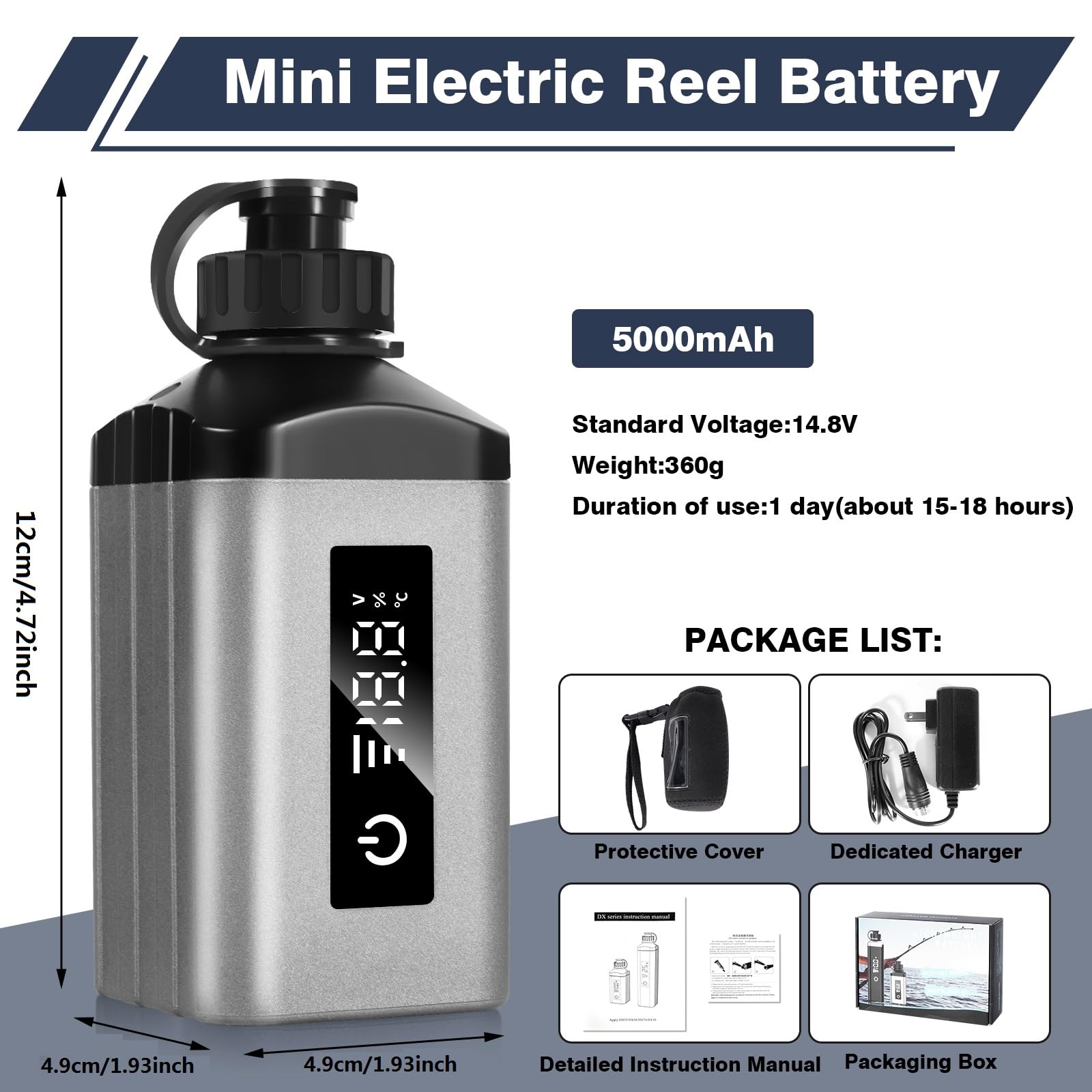 Xiutantxmd Mini Portable Fishing Reel Battery,5000mAh 14.8V Professional Electric Fishing Reel Lithium Battery with Charger,Smart Digital Display,Saltwater-Resistant