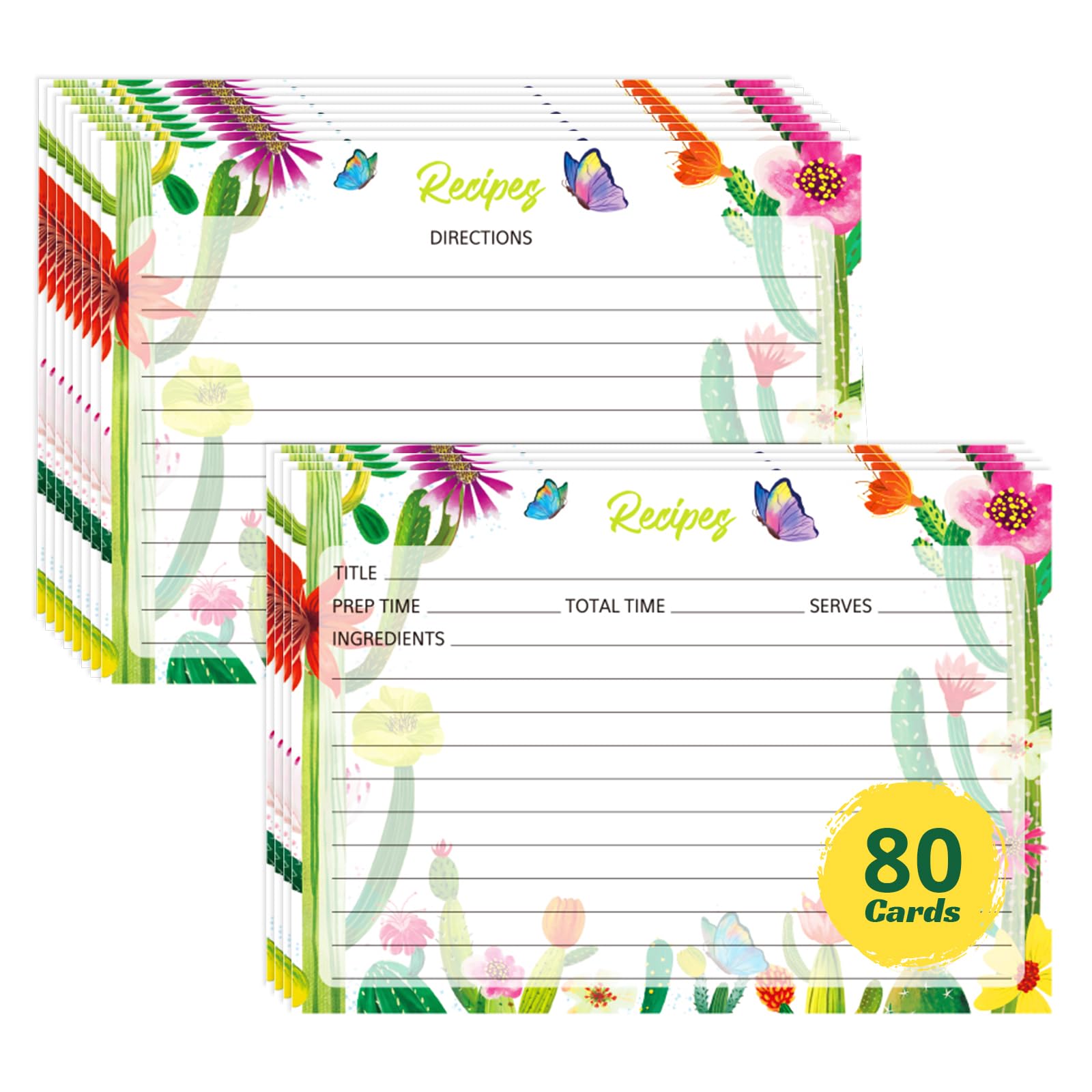 80 Pack Recipe Cards, 5 x 7 inch Cooking Recipe Cards for Recipe Binder, Double-sided Recipe Cards with Lines for Weddings, Bridal Shower, Christmas Gifts Watercolor Cactus Design