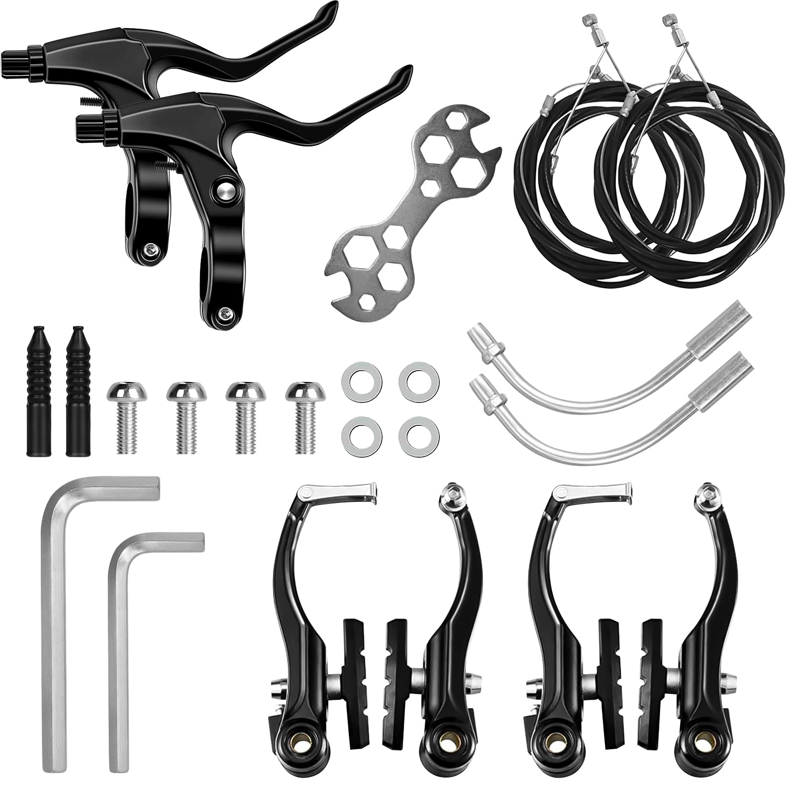 Hamulce rowerowe, zestaw hamulców rowerowych, czarne, hamulce typu V-Brake, uniwersalne aluminiowe hamulce rowerowe, kompletny zestaw linek hamulcowych i dźwigni hamulca do większości rowerów