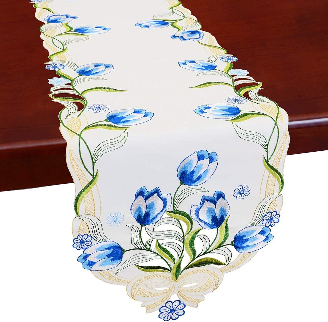 Simhomsen Embroidered Tulip Table Runners, Spring Floral Table Linens (Pink, 13 × 106 Inch)