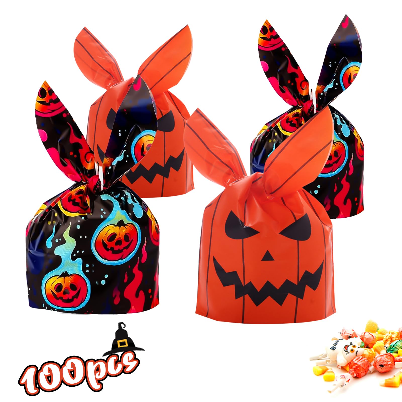 Aerku 100 PCS Halloween Treat Bags, Halloween Sweet Bags 14 x 23 cm Candy Bags for Snacks, Sweets, Biscuits, Small Toys & Party Favors