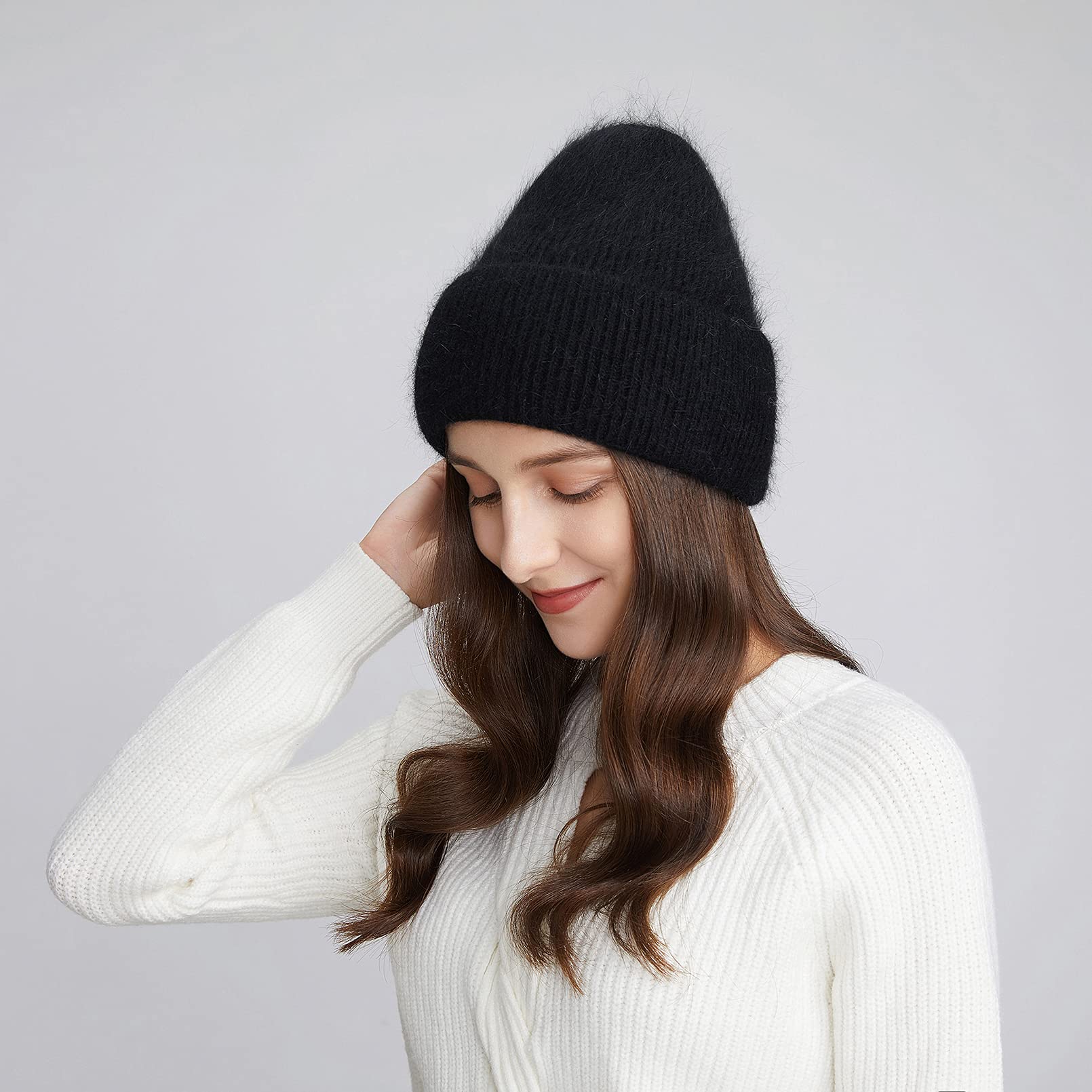 BeFur Bonnet à pompon en cachemire pour femme - Chaud - Côté large avec strass - Pour l'hiver, Noir , Taille unique