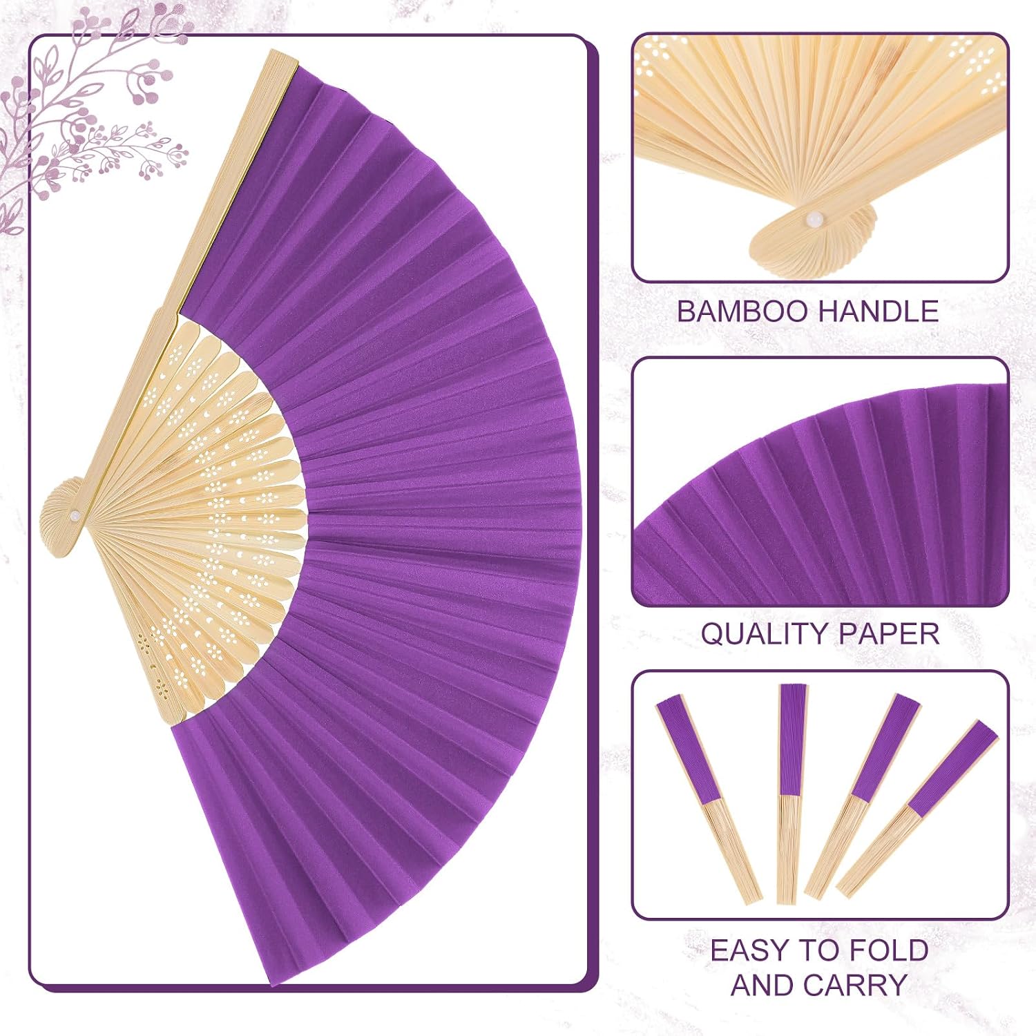 Yinkin 24 Pack Folding Hand Fans Bamboo for Party Favors, Purple image 2
