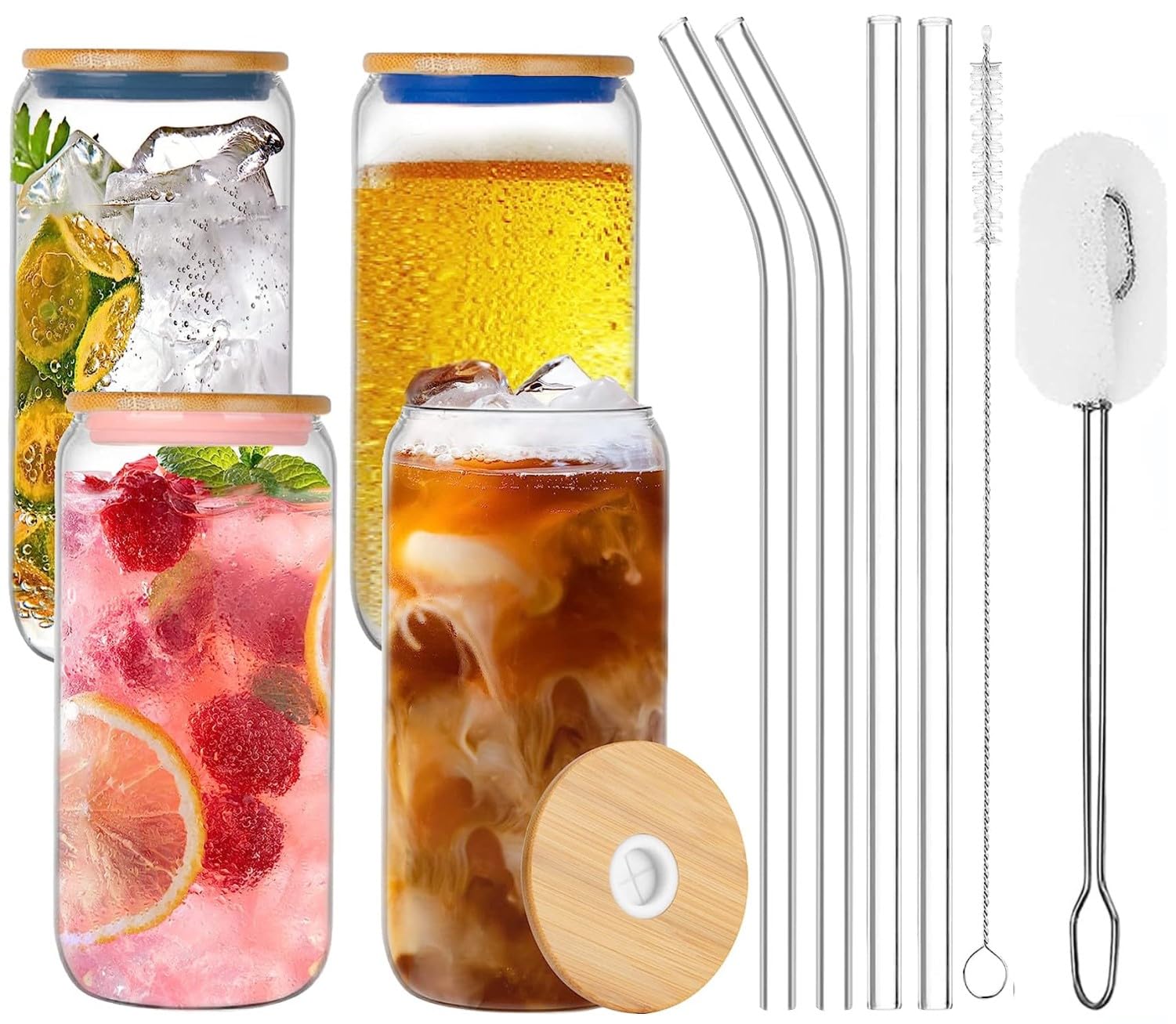 6 Bicchieri Da Birra In Vetro Con Coperchio E Cannuccia | 500 Ml | Forma Lattina | Per Cocktail E Frappè - Foto 12