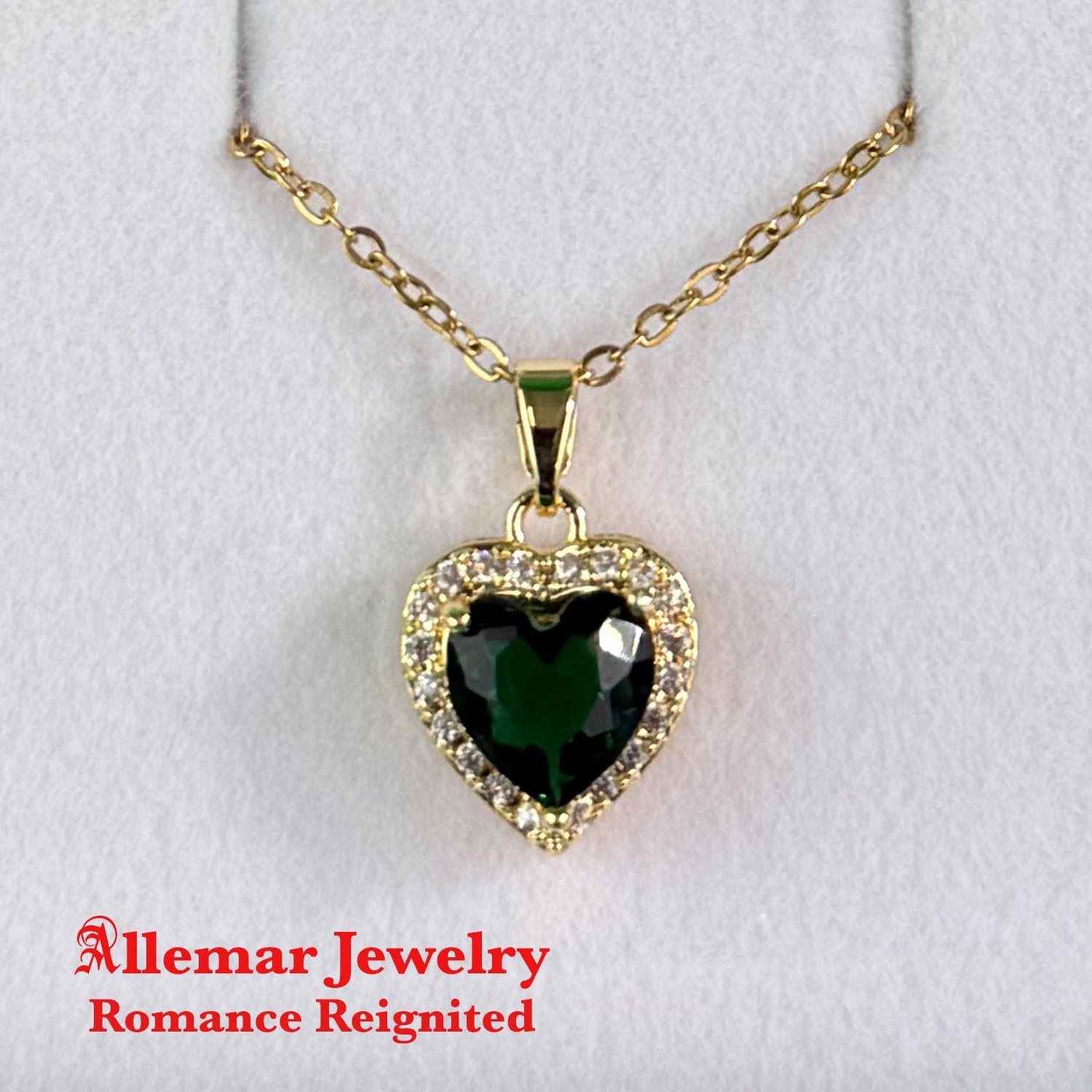 Heart Pendant Necklace, Emerald Green Crystal with Gold Plated Stainless Steel, 17.72 Inch Chain