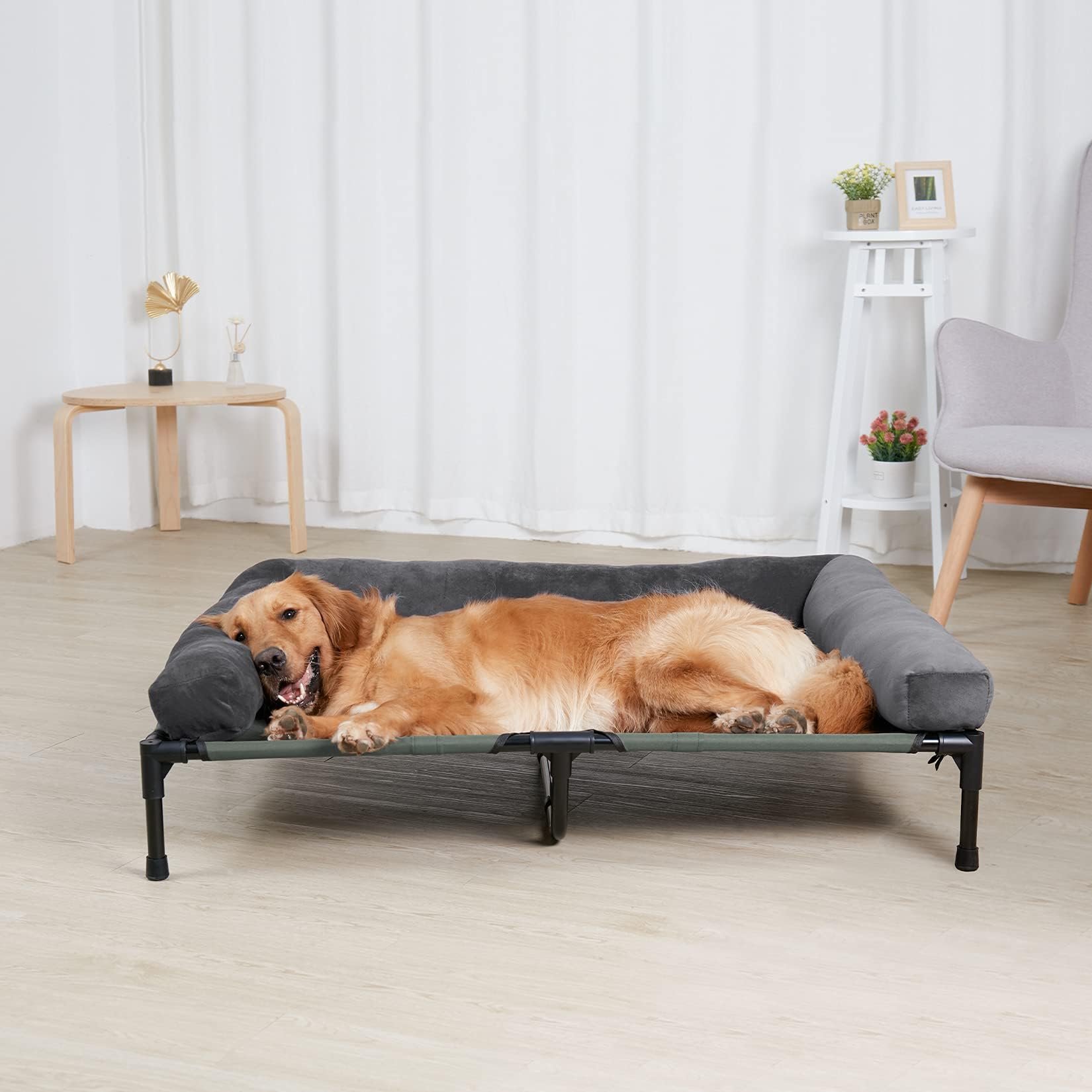BingoPaw Cama Elevada Perro Grande XXL, Camas para Perros Grandes Elevadas Transpirable 110x80x18 cm Caseta Hamaca Perro Exterior con Borde de Cojín elevada y Manta de Felpa,Ideal para Todo el Año | Cama elevada para perros con borde, 110 x 80 x 18 cm
