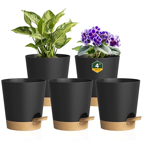 10cm Self Watering Plant Pots, 5 Pack Plastic Self Watering Planter with Drainage Holes & Saucer, Ideal for All Indoor Outdoor House Flowers and Plants(Black With Brown Drainage) - Non-trans Reservoir-10cm - Black