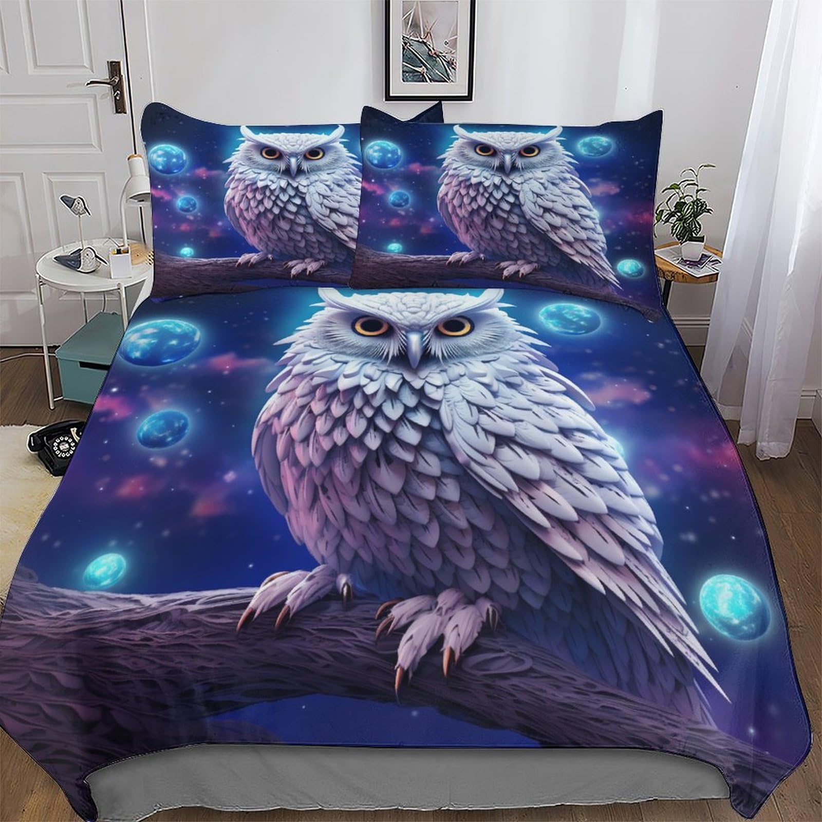 Parure de lit hibou pour chambre double avec housse 200x200 et taies