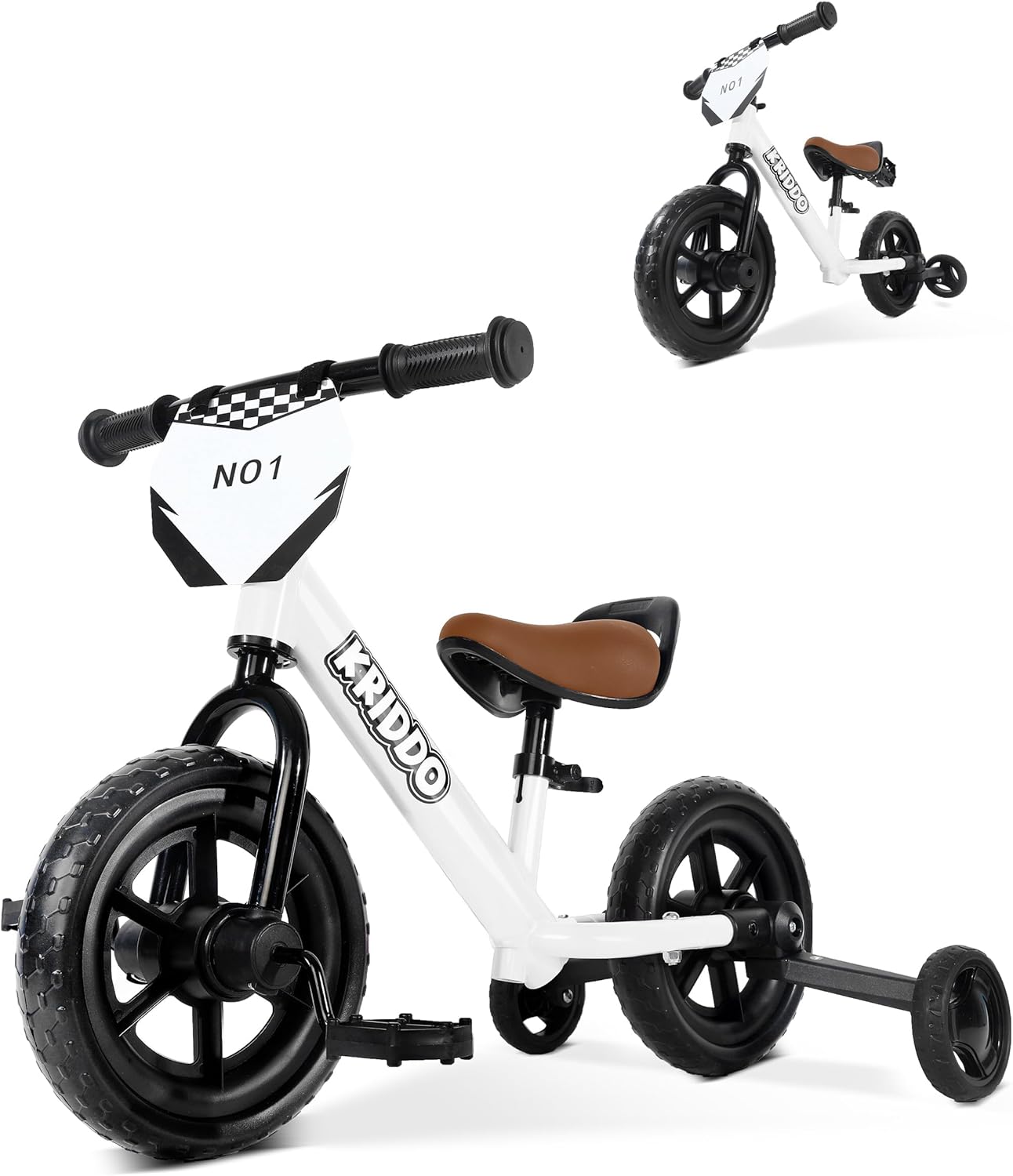 kriddo 2-in-1 kids tricycle and toddler balance bike 2 year old, detachable pedals and stowable training wheels, diy plate, riding trikes toy for ages 18 months to 3 years white