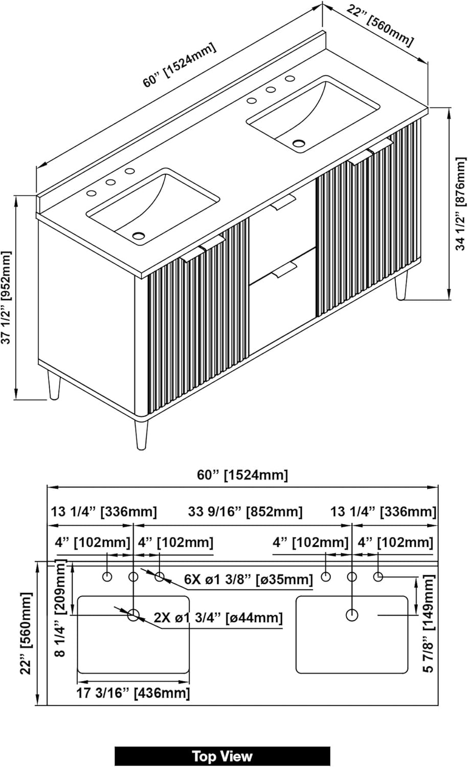 Technical drawing showing the dimensions of the OVE Decors Indy 60-inch vanity, including width, depth, and height, along with sink and faucet hole measurements.