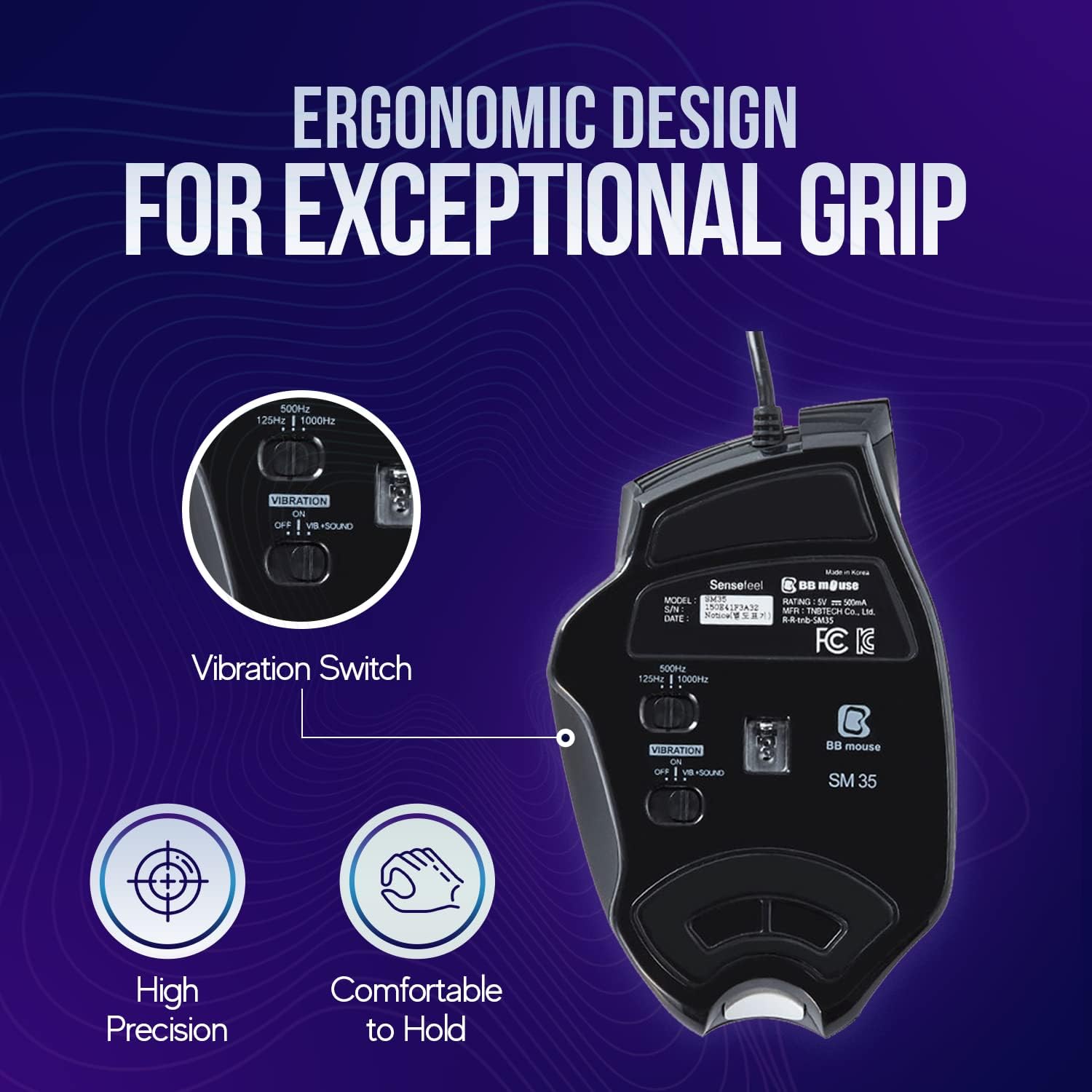 BB 4D Vibration Gaming Mouse SM35 | Sound-Reactive Haptic Sensor | Unique FPS Gaming Experience on PC for Overwatch2, LOL, CS:GO, Valorant, and Many Others | Adjustable Up to 12000 DPI (SM35)