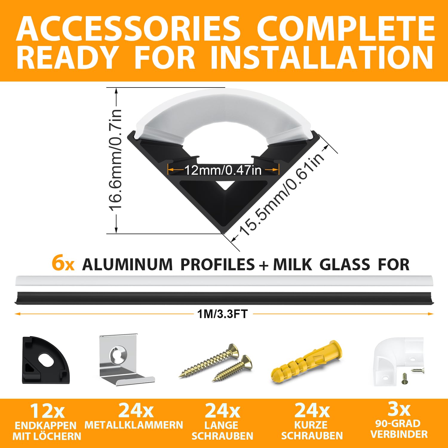 Angdarun Profil LED, profil aluminiowy LED, 6 x 1 m, profil aluminiowy w kształcie litery V do taśm LED/taśm, zaślepek (1M-6V32-HB)
