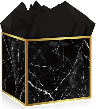 Woosytoo Extra Large Black Gift Bag for Men, 11.8" Marble Square Gift Bags Big Gift Box with Tissue Papers Elegant Black Gold Wrapping Paper Bag for Father Day Wedding Groomsmen Birthday Party Favors