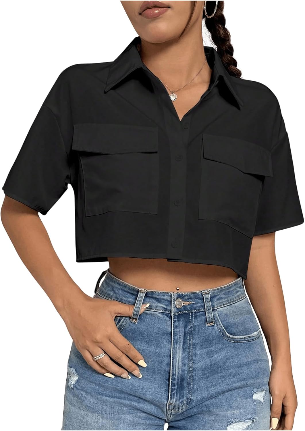 MakeMeChic Women's Cropped Button Up Shirt Short Sleeve Collar Shirts Blouse Crop Tops