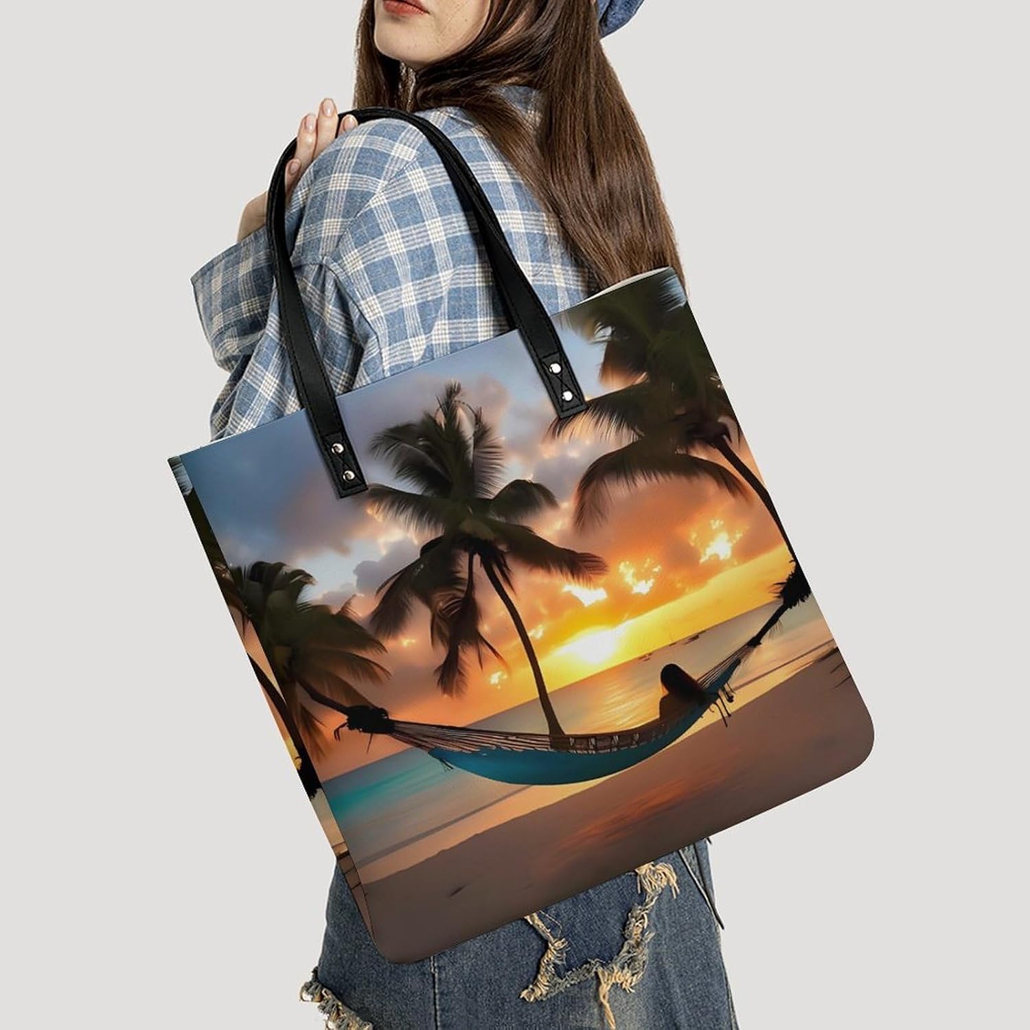 Coconut Beach Sunset Hammock Tote Bag with Magnetic Buckle Reusable Grocery Bags Lightweight Cross Body Handbag for Daily Essentials