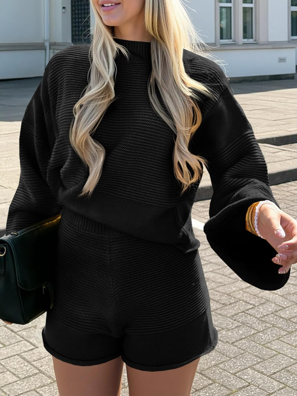 Tankaneo Womens 2 Piece Short Sets Bell Sleeve Mock Neck Oversized Sweater and Shorts Fall Sweater Sets Lounge Matching Set - Image 3