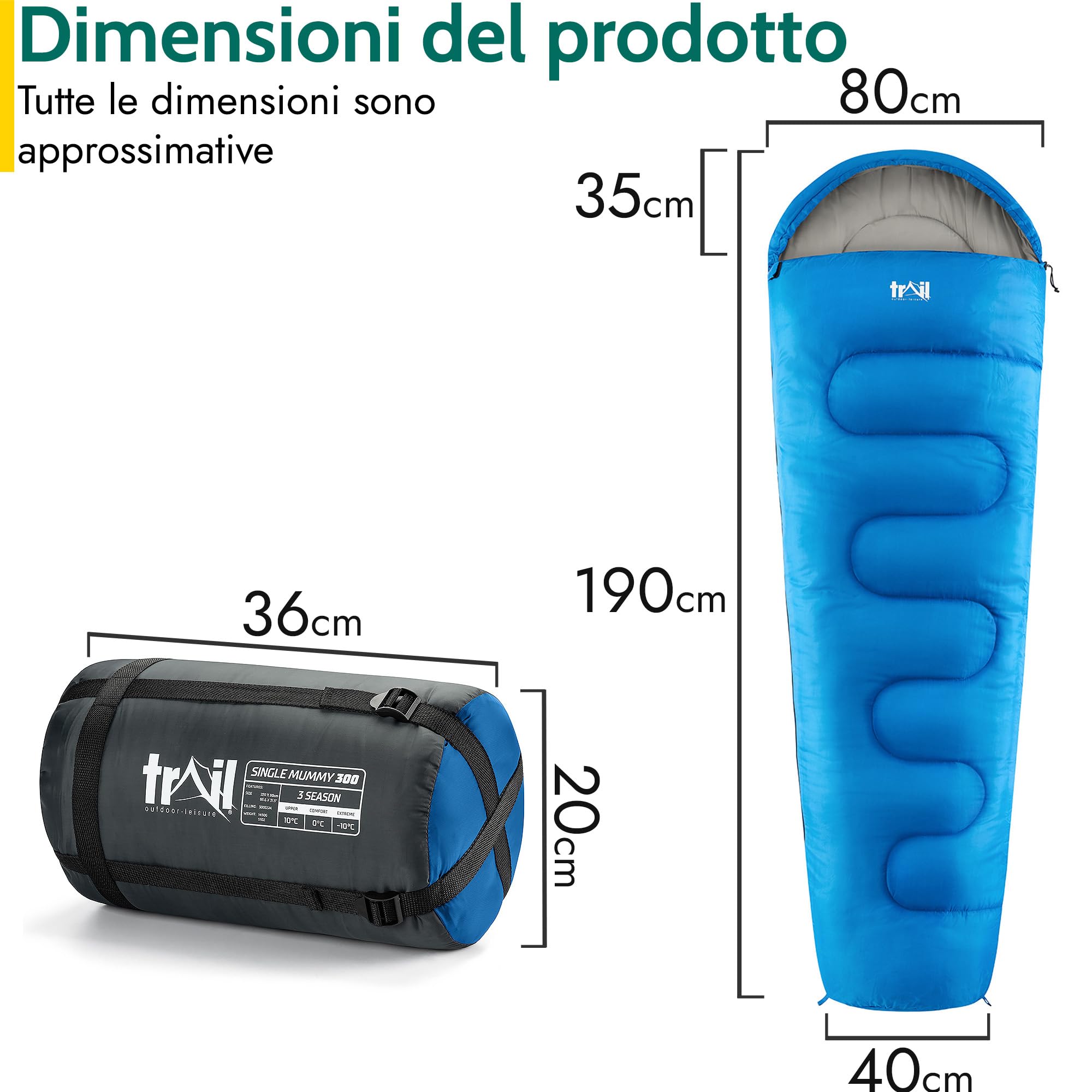 Trail Sacco a Pelo Adulti Stile Mummia, Sacco a Pelo Compatto 3 Stagioni Sacco a Pelo Invernale, Primaverile e Autunnale 300gsm Sacco a Pelo Leggero con Tasche Interne e Borsa a Compressione