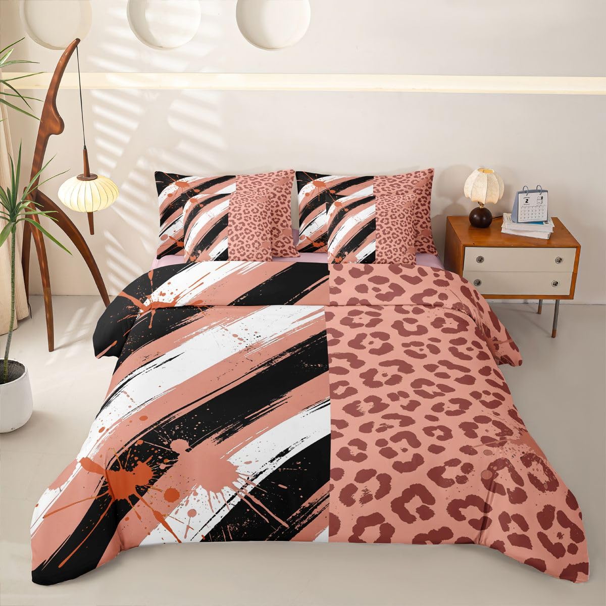 Loussiesd Set di biancheria da letto per bambini con stampa leopardata astratta, per letto singolo, 7 pezzi, moderno, per bambini, ragazzi, ragazze, bianco, nero, rosa, con copripiumino, lenzuola