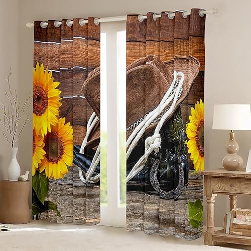 Miniatura 2 de Cortinas con diseño de botas de vaquero, sombrero, para ventanas de 30 % a 50 % de luz, diseño rústico de vaquero occidental, girasol, para sala de