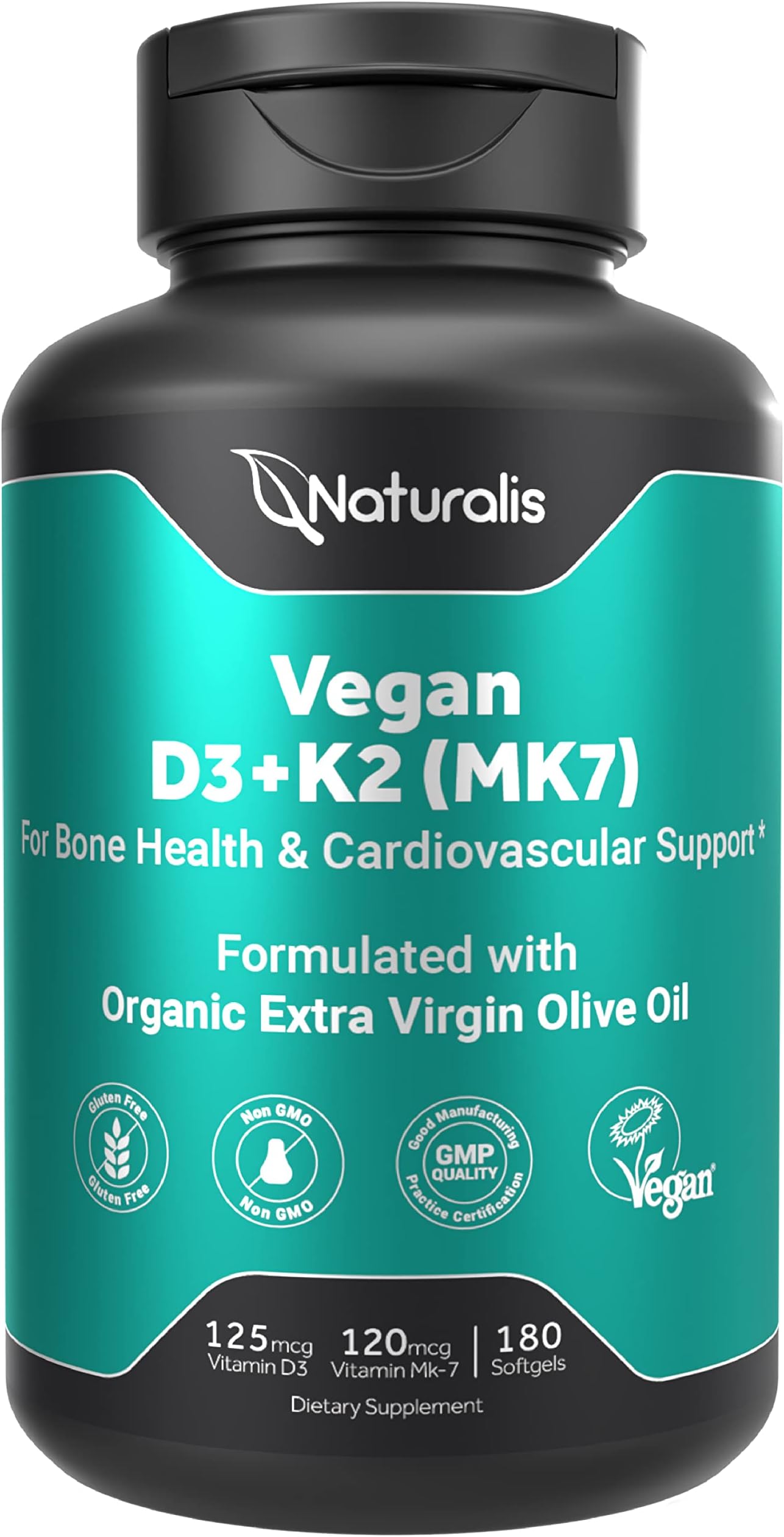 Vegan Vitamin D3 + K2 supplement featuring extra virgin olive oil