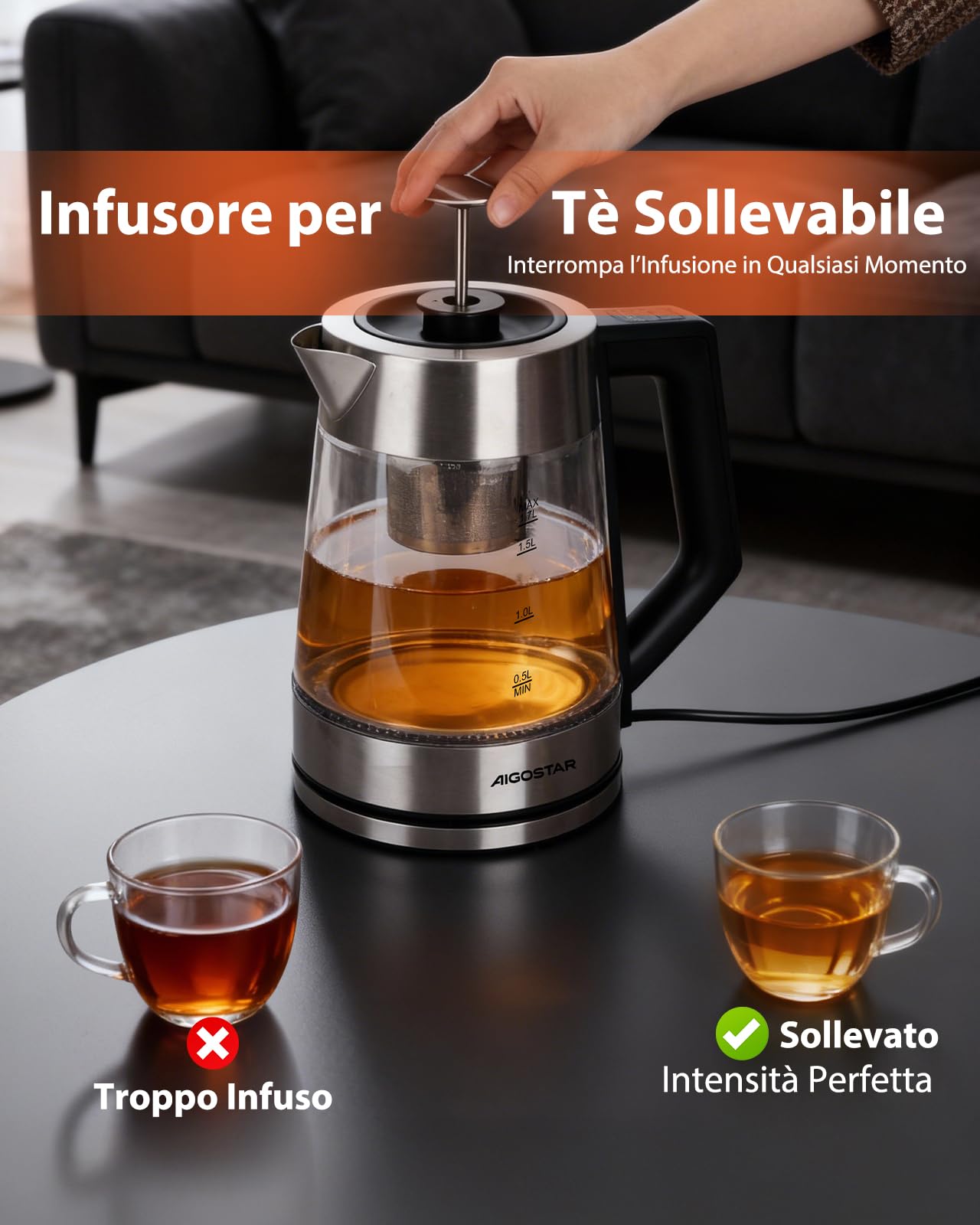 Aigostar Bollitore Elettrico Temperatura Regolabile, Senza BPA Rivestimento Ceramico | Rivestimento Ceramico Anticalcare, 1,7 Litri, 2200 Watt, Teiera Elettrica con Infusore, Funzione di Mantenimento Calore