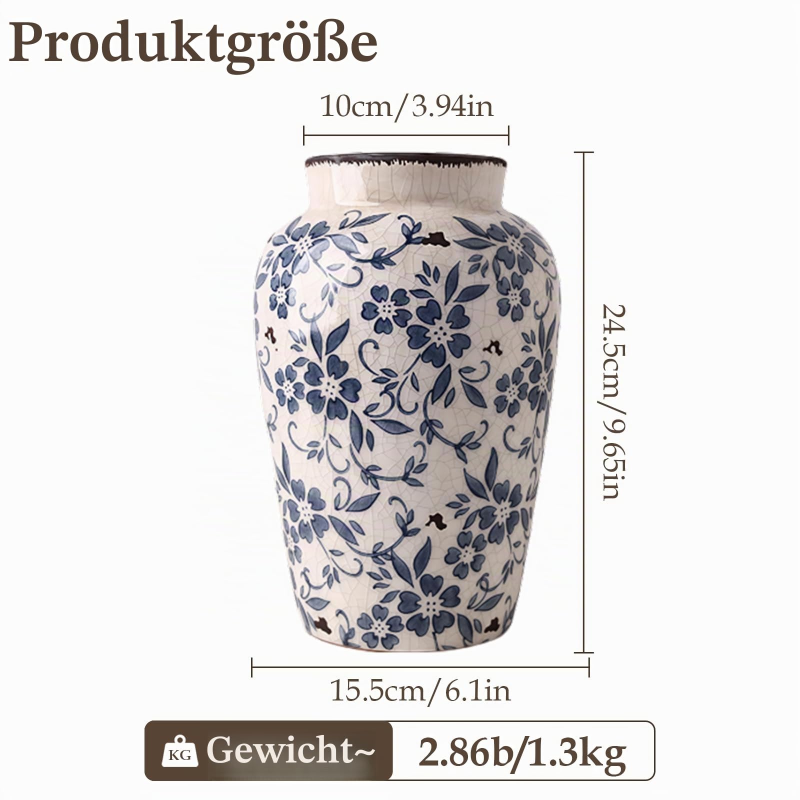 Blau und Weiß Porzellan Vase, Blumenvase Keramik Vintage, Kleine Vasen Deko Rustikal Handgefertigt Asiatische Vasen mit Antike Eisriss-Glasur für Heimdekoration 15,5 x 24,5 cm (L)