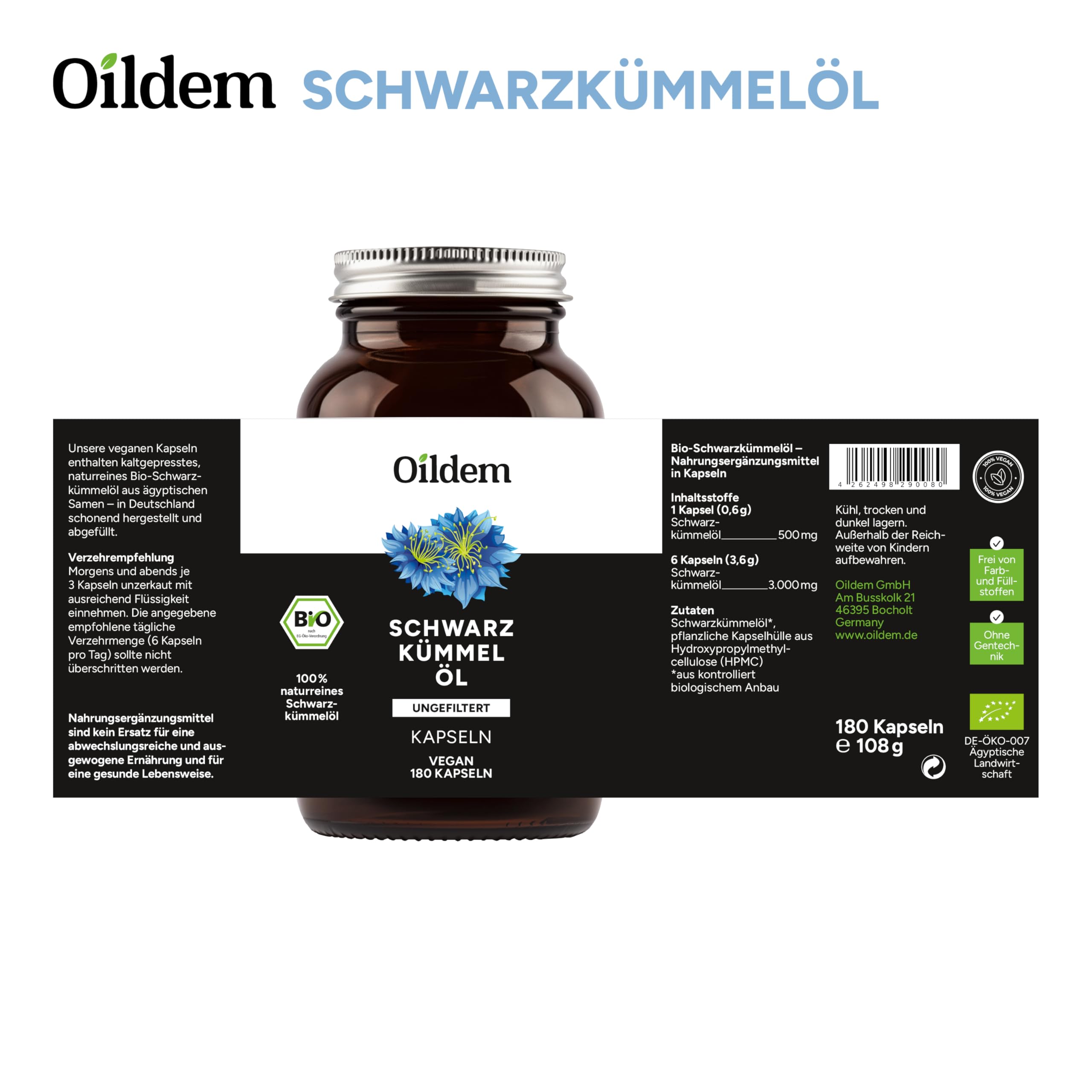 Oildem Bio Schwarzkümmelöl Kapseln vegan (ungefiltert)
