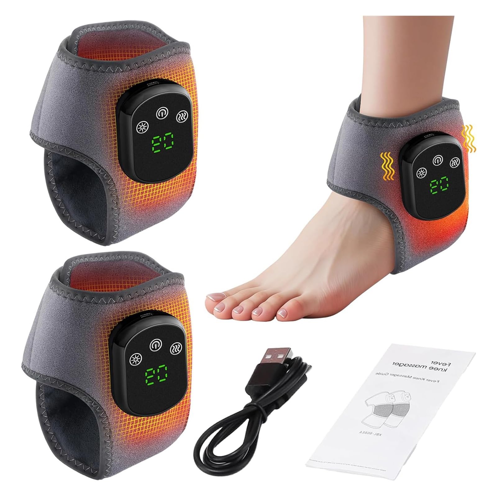 Footrenew Triple méthode de massage, bandage chauffant de cheville avec 5 niveaux de chaleur infrarouge lointain et vibrations, orthèse de cheville thermique pour neuropathie et soulagement