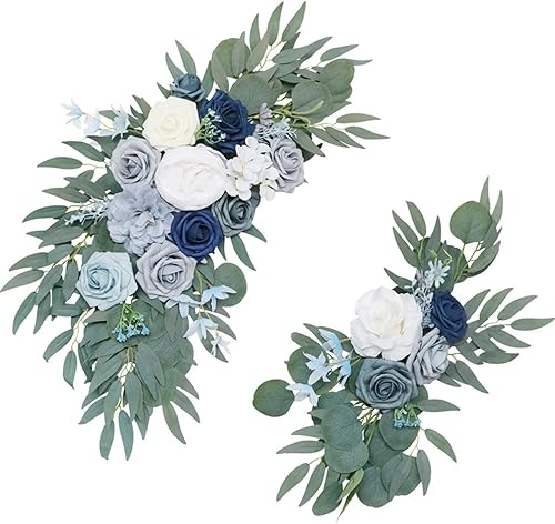 Emivery Paquete de 2 guirnaldas de flores de color azul polvoriento, arco de boda artificial, arreglos florales de esquina de seda, letrero de