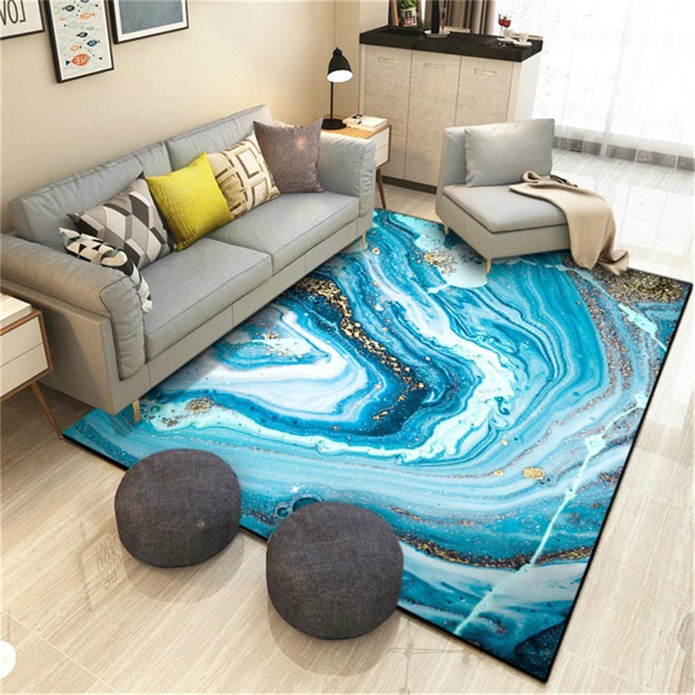 Tapis aquarelle bleu bleu ciel or et blanc pour salon moderne