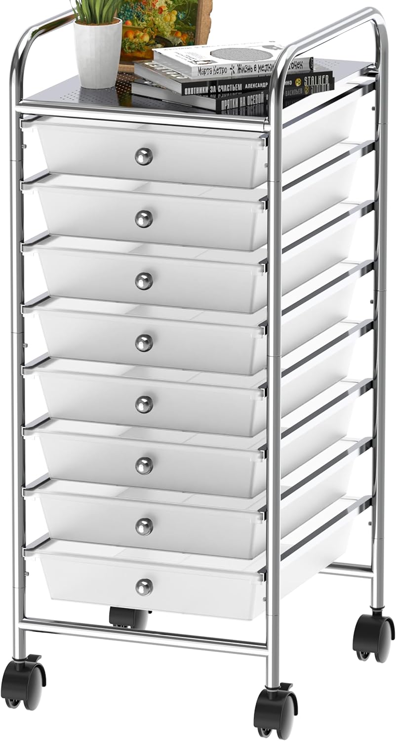 Simple Houseware Utility Cart with 8 Drawers Rolling Storage Art Craft Organizer, Chrome